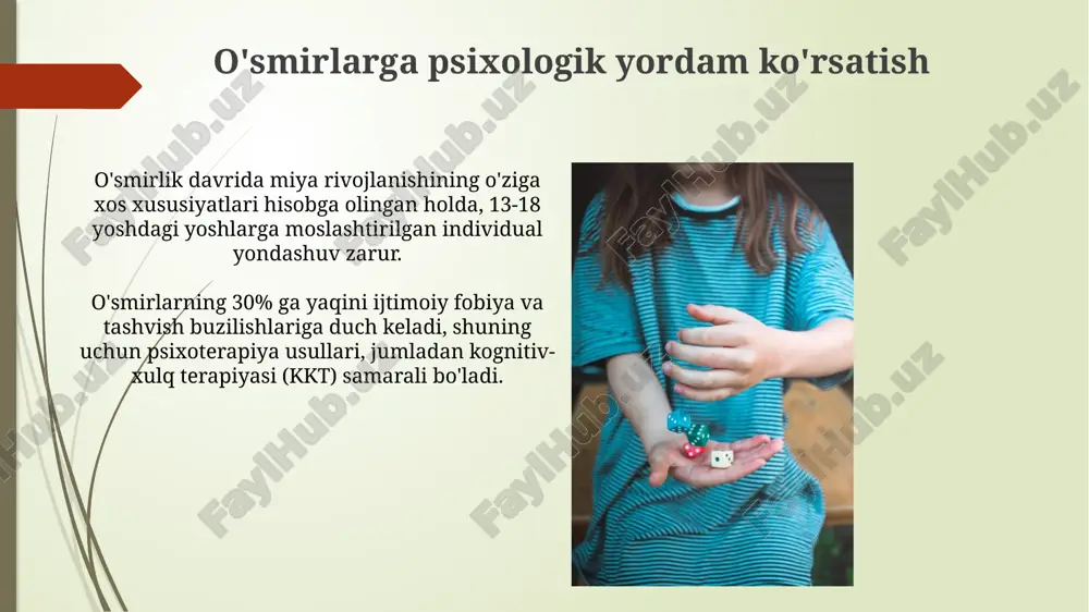 bu kayfiyatning keskin o'zgarishiga, jumladan, depressiya va g'azab hujumlariga olib kelishi mumkin. ijtimoiy rivojlanish va tengdoshlar bilan munosabatlar o'smirlik davrida tengdoshlar guruhlariga qo'shilish ehtimoli 70% ga yaqinlashadi va bu ijtimoiy qabul va o'ziga xos identifikatsiyani shakllantirishga ta'sir qiladi. adolesentlarning 85% gacha qismi tengdoshlar munosabatlarida konfliktlarni boshdan kechiradi, bu esa muloqot ko'nikmalari rivojlanishiga, mustaqillik va moslashuvchanlikka olib keladi. xulq-atvor o'zgarishlari va qiyinchiliklar adolesentlarda guruhga mansublik ehtiyoji keskin ortadi, bu esa tengdoshlar bosimi va konformizm kabi salbiy hodisalarni 25% ga oshirishi mumkin. o'smirlik davrida 40% ga yaqin yoshlarda kayfiyatning tez-tez o'zgarishi, depressiya va tashvish belgilarining namoyon bo'lishi kuzatiladi, bu esa professional yordamga muhtojligini bildiradi. kelajak rejalari va kasb tanlash adolesent davrida shaxsning qiziqishlari va qobiliyatlari tez o‘zgaradi, shuning uchun 14-18 yosh orasida kamida 3 ta turli kasblarni sinab ko‘rish tavsiya etiladi. kelajak rejalari aniqligi va ishonchlilik darajasi o‘smirning o‘ziga bo‘lgan ishonchi va emotsional barqarorligi bilan to‘g‘ridan-to‘g‘ri bog‘liq bo‘lib, bu ko‘rsatkich o‘rtacha 50% …