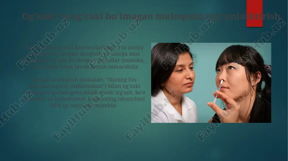 l o’ynaydi. faol tinglash jarayonida kamida 3 ta verbal va nonverbal javob (masalan, “tushundim”, bosh irg’ash, ko’z bilan aloqa) orqali bemorga o’z fikrlarini bildirayotganini ko’rsatish kerak. aniq va tushunarli gapirish aniq va tushunarli gapirishda sodda so'zlarni, bemorga tushunarli tibbiy atamalarni ishlatish muhim, chunki murakkab terminologiya 70% ga yaqin tushunmovchilikka olib kelishi mumkin. gapirish tezligini bemorning yoshini va holatini hisobga olgan holda moslashtirish, ya'ni daqiqasiga 120-150 so'zdan oshmaslik kerak. bemorga moslashgan tilni qo'llash bemorning madaniy kelib chiqishi va til xususiyatlarini hisobga olib, 2-3 xil tushuntirish usulini qo'llash bemorning tushunish darajasini oshiradi, bu esa samarali muloqotni ta'minlaydi. bemor bilan muloqotda, og'zaki bo'lmagan signallarga, masalan, mimika va imo-ishoralarga e'tibor qaratib, kamida 3 ta muloqot kanalini bir vaqtda ishlatish tushunmovchiliklarni kamaytiradi. e'tiboringiz uchun rahmat @taqdimot_robot image6.jpg image7.jpg image8.jpg image9.jpg image10.jpg image11.jpg image12.jpg image13.jpg image14.jpg image15.jpg image16.jpg image17.jpg image2.png image3.png image4.png image5.png
