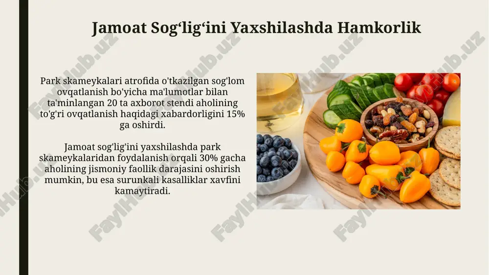 ziqlanish va kasalliklardan himoya toʻgʻri ovqatlanish yurak-qon tomir kasalliklari xavfini 30% gacha kamaytirishi mumkin, bu esa sogʻlom turmush tarzini olib borish va park skameyklarida dam olish bilan birga, umr koʻrish davomiyligini oshiradi. balansli ovqatlanish orqali semirish xavfini 40% ga kamaytirish mumkin, bu esa diabet va boshqa surunkali kasalliklarning oldini olishga yordam beradi va parkda jismoniy faollik bilan shugʻullanish imkoniyatini yaratadi. parklarda jismoniy faollikni ragʻbatlantirish parklardagi skameyklar atrofiga kamida 10 turdagi ekologik toza va rang-barang gullar ekish orqali estetik muhit yaratish va sayr qilishni yanada jozibador qilish, jismoniy faollikni rag‘batlantiradi. parklarda o‘rnatilgan 30 dan ortiq skameykaga quyosh panellari o‘rnatish orqali qulay va energiya tejaydigan yoritish tizimini yaratish jismoniy faollikni kechqurun ham davom ettirishga imkon beradi. qoʻshimcha kilogramm va park skameykasi park skameykalarida dam olish paytida to'g'ri ovqatlanish rejasiga rioya qilish orqali, 20% ga yaqin metabolizm tezlashishi va ortiqcha yog'larning yoqilishiga yordam berish mumkin. qo'shimcha kilogrammga ega bo'lgan shaxslarning park skameykalarida 30 …