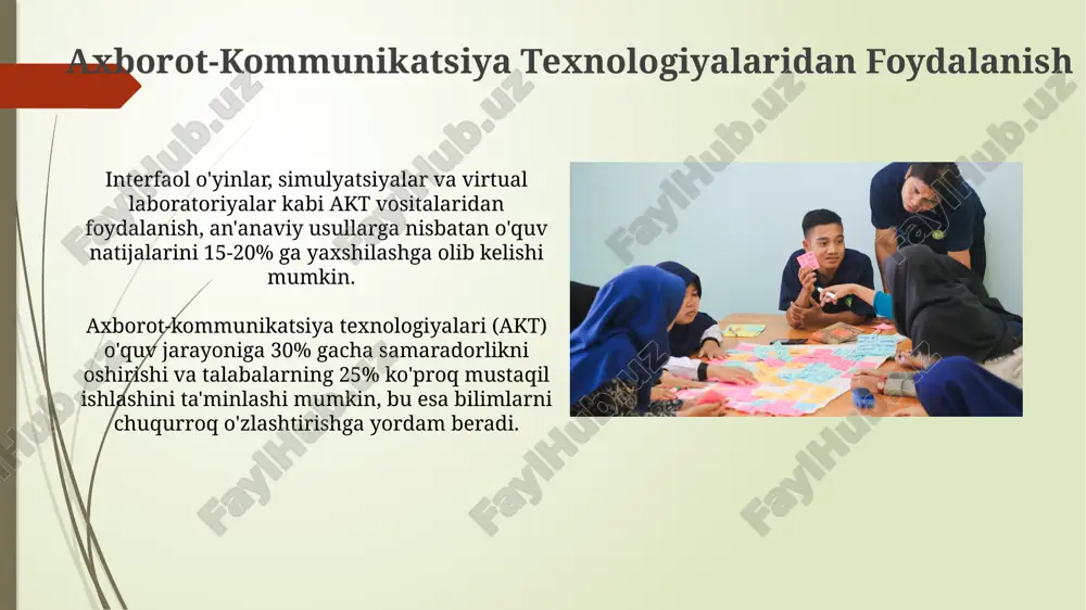 ilanishiga yordam beradi. loyiha metodi va portfel baholash loyiha metodi va portfel baholashni birlashtirish orqali talabalarning 20% ga yaqin mustaqil o‘rganish ko‘nikmalari rivojlanadi va bu ularning akademik muvaffaqiyatini oshiradi. portfel baholashda talabalar 5-7 ta eng yaxshi ishlarini taqdim etadi va har bir ish uchun o‘qituvchi tomonidan 10 balldan iborat ball qo‘yiladi, yakuniy baho o‘rtacha ball hisoblanadi. muammoli ta'lim muammoli ta'limda guruhdagi o'quvchilar soni 4-6 kishidan oshmasligi tavsiya etiladi, bu esa samarali hamkorlik va har bir o'quvchining faol ishtirokini ta'minlaydi. muammoli ta'lim 5-11 yoshli o'quvchilar uchun samarali bo'lib, ularning muammolarni hal qilish ko'nikmalarini rivojlantirishga, 20% gacha ijodiy fikrlash darajasini oshirishga yordam beradi. samaradorlikni baholash va monitoring samaradorlik monitoringi jarayonida 2 oyda bir marta o'tkaziladigan yig'ilishlarda 5 ta asosiy ko'rsatkich bo'yicha tahlil o'tkazilib, muammolarni aniqlash va ularni bartaraf etish bo'yicha takliflar ishlab chiqiladi. progressni kuzatish uchun onlayn platformadan foydalanish, 10 dan ortiq ko'rsatkichni avtomatik ravishda kuzatib borish va hisobotlarni tezkor tayyorlash imkoniyatini …