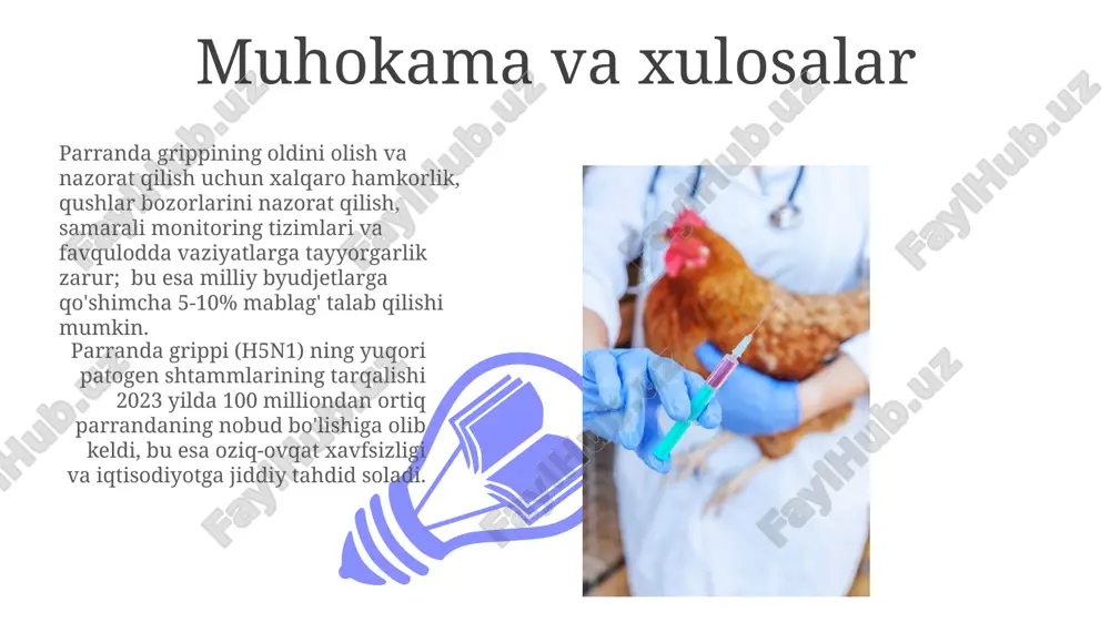 'rish zarur. qus grippi (parranda grippi) epidemiyalari natijasida 100 mingdan ortiq odam kasallanganligi va shundan minglab o'limlar kuzatilganligi tasdiqlangan. bu esa jamiyat salomatligiga jiddiy xavf soladi. parranda grippining diagnostikasi parranda grippi diagnostikasi qushlarda virusning rnk identifikatsiyasi orqali, real-time rt-pcr usuli yordamida, 95% dan yuqori aniqlik bilan amalga oshiriladi. serologik testlar, masalan, elisa, parranda grippiga qarshi antitellar mavjudligini aniqlashda 70-80% sezuvchanlikka ega boʻlib, diagnostika jarayonini qoʻllab-quvvatlaydi. parranda grippining mutatsiyasi 01 02 virusning genetik mutatsiyalari natijasida yangi, immunitet tizimiga chidamli variantlar paydo bo'lishi, mavjud vaktsinalarning samaradorligini pasaytiradi va pandemiya xavfini oshiradi. sales 1st qtr 2nd qtr 100 0 sales 1st qtr 2nd qtr 100 0 vaksinalar va ularning samaradorligi vaktsinaning samaradorligi emlashdan keyingi immunitet javobining kuchiga bog'liq bo'lib, immunitet tizimi zaif shaxslarda samaradorlik sezilarli darajada past bo'lishi mumkin. vaktsinalarning samaradorligini oshirish uchun yillik yangilanishlar va ko'pvalentli formulalar, ya'ni bir nechta virus shtammiga qarshi himoya qiluvchi vaktsinalar ishlab chiqariladi. parranda grippining turlari parranda …