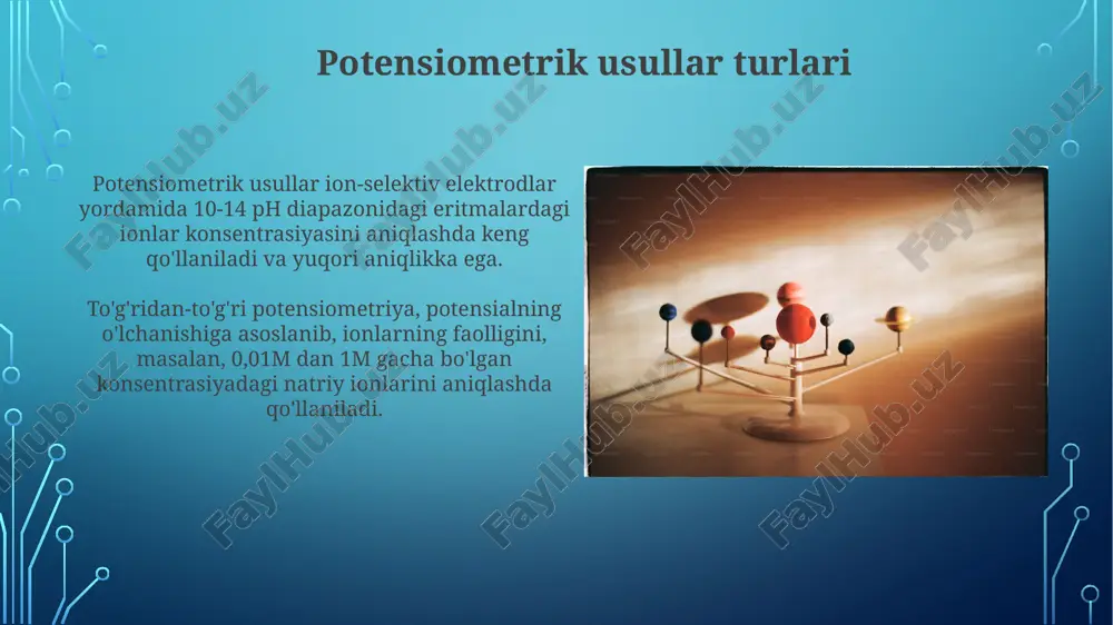 1 ph birligiga to'g'ri keladi, bunday o'zgarish nernst tenglamasi orqali aniqlanadi. potensiometrik analizning afzalliklari va kamchiliklari potensiometrik analiz yuqori sezgirlikka ega bo'lib, 10 -6 m gacha bo'lgan konsentrasiyalarni aniqlash imkonini beradi va bu uni juda kam miqdordagi moddalarni tahlil qilishda samarali qiladi. potensiometrik analiz elektrodlarning tanlanishiga bog'liq bo'lib, ba'zi elektrodlarning qimmatligi va kalibrlash jarayonining murakkabligi usulning kamchiliklari hisoblanadi. elektrod potentsiali elektrod potensiali, nernst tenglamasiga muvofiq, eritmadagi ionlar konsentratsiyasi bilan logoritmik bog'liq bo'lib, 25°s da 59 mv/n ga teng bo'lgan koeffitsient bilan ifodalanadi. selektiv elektrodlar, masalan, ph-metrdagi shisha elektrod, vodorod ionlarining (h+) konsentratsiyasiga yuqori sezgirlik ko'rsatib, 10 -14 dan 10 -0 mol/l gacha bo'lgan diapazonda ishlashi mumkin. e'tiboringiz uchun rahmat @taqdimot_robot image3.jpg image4.jpg image5.jpg image6.jpg image7.jpg image8.jpg image9.jpg image10.jpg image11.jpg image12.jpg image13.jpg image14.jpg image2.png