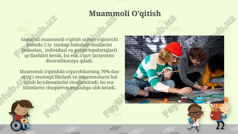 onlayn resurslar, jumladan, 50 dan ortiq ta'lim platformalari va elektron kutubxonalar, o'qituvchilarga diversifikatsiyalangan o'quv materiallarini taqdim etish imkoniyatini beradi. akt dan foydalanish o'quvchilarning 70% gacha faol ishtirokini ta'minlab, an'anaviy usullarga nisbatan 2 baravar tezroq bilim o'zlashtirishga yordam beradi. pedagogik innovatsiyalarning samaradorligi tadqiqotlar shuni ko'rsatdiki, interaktiv o'quv materiallaridan foydalanish o'quv samaradorligini 20-25% ga oshirib, o'quvchilarning faol ishtirokini ta'minlaydi. pedagogik innovatsiyalarni joriy etish natijasida o'quvchilarning bilim darajasi 15-20% ga oshganligi va o'quv jarayoniga bo'lgan qiziqishlari 30% ga yaxshilanganligi kuzatildi. loyihaviy o’qitish loyihaviy o'qitish, talabalarning 70% dan ortiq faol ishtirokini ta'minlaydigan, amaliy ko'nikmalarni rivojlantirishga qaratilgan samarali pedagogik yondashuvdir. loyihaviy o'qitish natijasida talabalarning muloqot ko'nikmalari 20-30% ga, muammolarni hal qilish qobiliyatlari esa 40-50% ga yaxshilanadi. hamkorlikdagi o’qitish “hamkorlikdagi o’qitish” strategiyasi turli xil o’quv vazifalari, jumladan, 5 ta bosqichli hamkorlik jarayonini o’z ichiga oladi: tayyorgarlik, rejalashtirish, bajarish, baholash va taqdim etish. “hamkorlikdagi o’qitish” usuli 2-4 nafar o’quvchini kichik guruhlarga birlashtirib, ularning o’zaro hamkorlikda bilimlarni o’zlashtirishiga, …