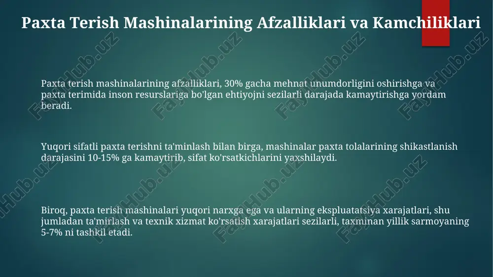 . zamonaviy paxta terish texnologiyalari yuqori tezlikdagi paxta tozalash liniyalari kuniga 100-200 tonna paxtani qayta ishlay oladi, bu esa chigitni tez va samarali ajratish imkonini beradi. zamonaviy paxta terish texnologiyalari 90% gacha samaradorlikka ega bo'lib, bu an'anaviy usullar bilan solishtirilganda ishchi kuchini 5-7 baravar tejaydi. avtomatlashtirilgan paxta terish mashinalari soatiga 5-10 tonna paxta terish quvvatiga ega va bu sifat ko'rsatkichlarini yaxshilaydi. e'tiboringiz uchun rahmat @taqdimot_robot image1.png image2.png image3.png image4.png image5.png image6.png image7.png image8.png image9.png image10.png