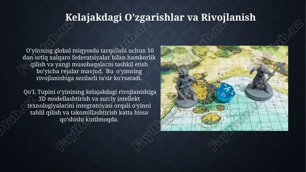 ni bartaraf etish bo'yicha bir qancha o'zgarishlar amalga oshirildi, o'rtacha o'zgarish miqdori 3-5% ni tashkil etdi. o'yin qoidalari rivojlanishining dastlabki bosqichlari 16-asrga oid yozma manbalarda qo'l tupini o'yinining asosiy elementlari - maydon, tosh turlari va ochko hisoblash tizimi - hozirgi zamonaviy qoidalarga juda yaqin ekanligi qayd etilgan. dastlabki qo'l tupini qoidalari 3 dan 5 gacha o'yinchi bilan o'ynalgan bo'lib, har bir o'yinchi 7 ta toshga ega edi va g'olibni aniqlash uchun 21 ochko to'plash kerak edi. xalqaro miqyosdagi ta'sirlar xalqaro qo'l tupini federatsiyasi (xqtf) 2010-yilda tashkil topib, o'yin qoidalarini standartlashtirish va 5 qit'ada 25 dan ortiq milliy federatsiyalarni birlashtirishga muvaffaq bo'ldi. qo'l tupini qoidalari xalqaro miqyosda 15 dan ortiq mamlakatda tarqalib, 2000 yildan keyin 5 ta yirik turnirlarni o'tkazishga olib keldi. mintaqaviy farqlar va an'analar markaziy mintaqalarda qo'l tupini o'yinining qoidalari avlodlar davomida og'zaki ravishda o'tkazilib kelinib, 3 ta asosiy elementdan tashkil topgan, bu esa turli xil o'zgarishlarga olib kelgan. …