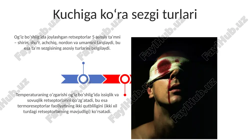 rish jarayoni hisoblanadi. idrok, sezgi maʼlumotlarini qayta ishlash, ularni guruhlash, umumlashtirish va oldingi tajribalar bilan bogʻlash orqali 7 ± 2 ta birlikdan iborat "chunchaklar"ni shakllantirish mexanizmi sifatida harakat qiladi. sezgi va idrokning oʻzaro bogʻliqligi interoretseptiv sezgi interoretseptiv sezgi, og'riq, ochlik va chanqoqlik kabi uyqusizlikka ta'sir qiluvchi 5 ta asosiy his-tuyg'ularning paydo bo'lishiga vositachilik qiladi, bu esa uyqu sifati va davomiyligiga ta'sir qiladi. visseral va proprioretseptiv sezgi kabi turli xil interoretseptiv retseptorlar tananing ichki holatini monitoring qilib, 7 dan ortiq turdagi ma'lumotni miyaga uzatadi. sifatiga koʻra sezgi turlari analizatorlarning faoliyatiga ko'ra, sezgilarni propritseptiv (harakat va holat), eksteroceptiv (tashqi muhit) va interoceptiv (ichki organlar) deb 3 turga ajratish mumkin. har bir tur o'ziga xos funksiyalarni bajaradi. sifatiga ko'ra sezgi 5ta asosiy turga bo'linadi: ko'rish, eshitish, hid bilish, ta'm bilish va teginish. har bir tur o'ziga xos retseptorlar va neyron yo'llar orqali miya po'stlog'iga impulslar uzatadi. eksteroretseptiv sezgi eksteroreseptiv sezgi atrof-muhitdan kelayotgan 1000 …