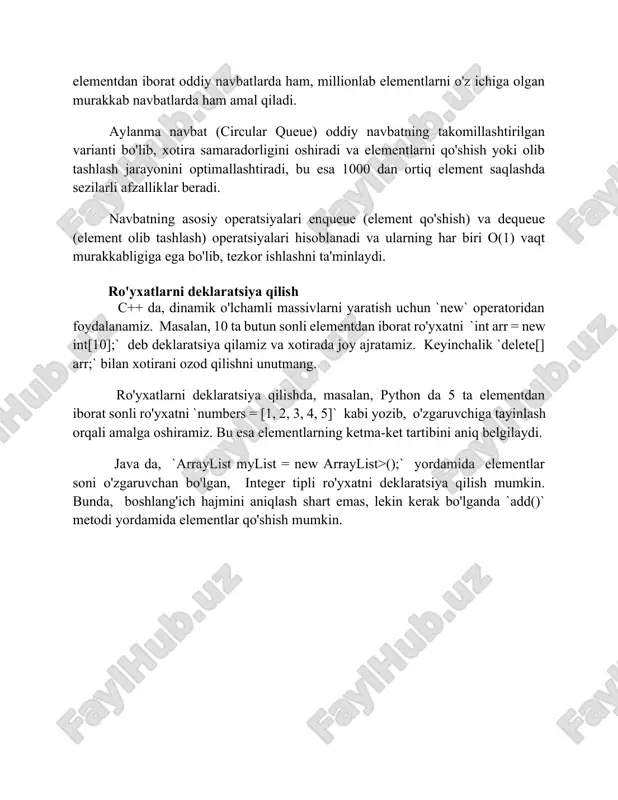 new` operatoridan foydalanamiz. masalan, 10 ta butun sonli elementdan iborat ro'yxatni `int arr = new int[10];` deb deklaratsiya qilamiz va xotirada joy ajratamiz. keyinchalik `delete[] arr;` bilan xotirani ozod qilishni unutmang. ro'yxatlarni deklaratsiya qilishda, masalan, python da 5 ta elementdan iborat sonli ro'yxatni `numbers = [1, 2, 3, 4, 5]` kabi yozib, o'zgaruvchiga tayinlash orqali amalga oshiramiz. bu esa elementlarning ketma-ket tartibini aniq belgilaydi. java da, `arraylist mylist = new arraylist>();` yordamida elementlar soni o'zgaruvchan bo'lgan, integer tipli ro'yxatni deklaratsiya qilish mumkin. bunda, boshlang'ich hajmini aniqlash shart emas, lekin kerak bo'lganda `add()` metodi yordamida elementlar qo'shish mumkin.