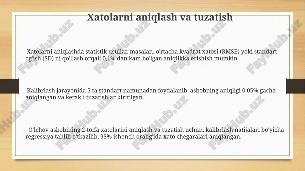 n 2σ dan oshib ketsa, bu o'lchov asbobining kalibrlashga muhtojligini ko'rsatadi va bu xatolikning ehtimoli taxminan 5% ni tashkil qiladi. xulosa xulosa natijalari shuni ko'rsatdiki, 10 ta o'lchov asbobining 3 tasi kalibrlashdan keyin 0,5% dan yuqori xatolik ko'rsatkichiga ega bo'lib qoldi, bu esa standartlardan og'ishni bildiradi. o'lchov asboblarini taqqoslash jarayonida olingan 500 ta ma'lumotlar to'plami statistik tahlil qilingan va 95% ishonch oralig'ida o'rtacha xatolik 0,2% ni tashkil etdi. kalibrlashdan so'ng, barcha 15 ta o'lchov asbobining aniqligi 0,1% dan kam bo'ldi, bu esa o'lchovlarning ishonchliligini sezilarli darajada oshirdi. kelajakdagi istiqbollar yaqin 10 yil ichida o'lchov asboblarini masofadan turib kalibrlash va monitoring qilish tizimlari keng qo'llanila boshlanadi, bu esa samaradorlikni 30% ga oshiradi. kelajakda o'lchov asboblarini kalibrlashda sun'iy intellekt va mashinaviy o'rganish texnologiyalarining qo'llanilishi aniqlikni 10 barobarga oshirishi va xarajatlarni 20% ga kamaytirishi kutilmoqda. kvant sensorlari va nanotexnologiyalarning rivojlanishi yuqori aniqlikdagi o'lchovlarni amalga oshirish imkonini beradi, bu esa 0.001 mm gacha bo'lgan …