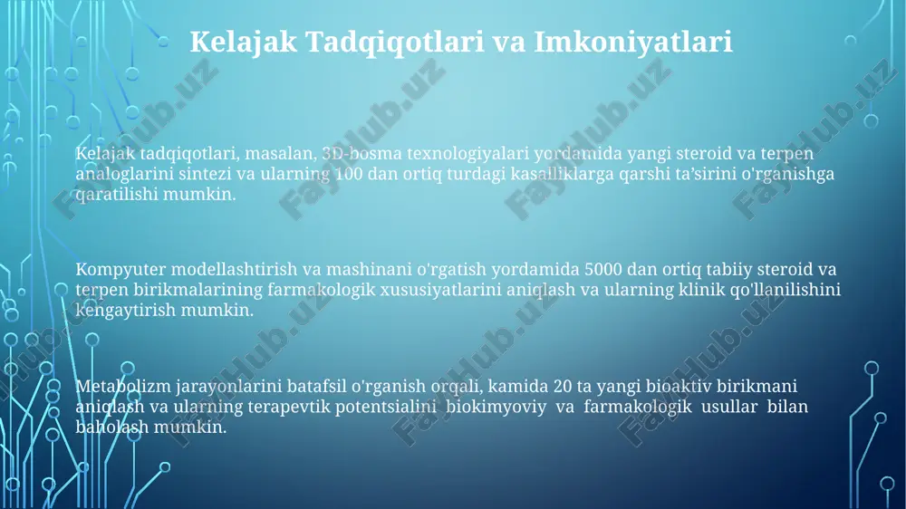entratsiyasi qon plazmasida aniqlanadi. xolesterin, steroidning muhim prekursori, hujayra membranalarining tarkibiy qismi bo'lib, ularning suyuqligi va o'tkazuvchanligini ta'minlaydi. uning kontsentratsiyasi 200 mg/dl dan oshmasligi kerak. steroid gormonlari, masalan, kortizol va aldosteron, organizmda 1000 dan ortiq genlarning ifodasini tartibga soladi va metabolizm, immunitet va qon bosimini boshqaradi. e'tiboringiz uchun rahmat @taqdimot_robot image1.png image2.png image3.png image4.png image5.png