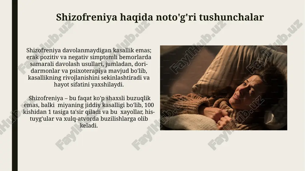 urli xil boʻladi. katatonik shizofreniya kam uchraydigan tur hisoblanadi va harakatlarning sekinlashuvi yoki qoʻzgʻaluvchanligi kabi motor simptomlari bilan tavsiflanadi, ba’zan esa stupor holati kuzatiladi. e'tiboringiz uchun rahmat @taqdimot_robot image1.jpg image2.jpg image3.jpg image4.jpg image5.jpg image6.jpg image7.jpg image8.jpg image9.jpg