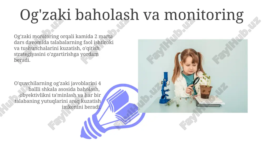 ilish orqali 5 yoshdan 10 yoshgacha bo'lgan bolalarga murakkab ilmiy tushunchalarni sodda va tushunarli tarzda tushuntirish mumkin, bu esa ularning qiziqishini oshiradi. misol keltirish, ayniqsa, 3-4 ta hayotiy holatni taqqoslash orqali, o'rganilgan mavzu bo'yicha chuqurroq tushuncha va mustahkam bilim hosil qilishga yordam beradi. turli yoshdagi o'quvchilarga moslashtirish o'quv jarayonida interaktiv usullarni, shu jumladan 5-7 minutlik qisqa vaqtli amaliy mashqlarni va sinf muhokamalarini 10-15 kishilik guruhlarda qo'llash samarali. har xil yoshdagi o'quvchilarning bilim darajasi va qiziqishlarini hisobga olib, turli xil o'quv uslublari (masalan, o'yinlar, hikoyalar, muloqot) dan foydalanish kerak. demonstratsiya va tajriba natijalarini og'zaki izohlash 01 02 o'quvchilarning 50% dan ortig'i tajriba natijalarini to'g'ri tushunganligini tekshirish uchun sodda savollar berish samarali. sales 1st qtr 2nd qtr 100 0 sales 1st qtr 2nd qtr 100 0 e'tiboringiz uchun rahmat @taqdimot_robot image4.jpg image5.jpg image6.jpg image7.jpg image8.jpg image9.jpg image10.jpg image11.jpg image12.jpg image13.jpg image14.jpg image15.jpg image1.jpeg image2.jpeg image3.jpeg