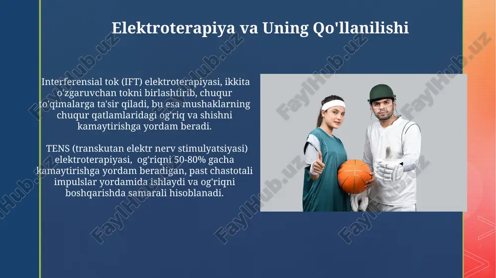 yopishqoqligiga qarshi kurashishda 80% samaradorlik koʻrsatkichiga ega ekanligi isbotlangan. sport shikastlanishlarini davolashda, 20% holatlarda faqat massaj texnikalaridan foydalanish yetarli boʻlsa, qolgan 80% da esa boshqa fizioterapiya usullari bilan birgalikda qoʻllaniladi. suv ostida mashqlar (gidrterapiya) suvning issiqligi va bosimi tufayli gidroterapiya og'riqni kamaytirishga va yallig'lanishni bostirishga yordam beradi, shu bilan birga harakat doirasini kengaytiradi. suv ostida mashqlar (gidroterapiya) bo'g'imlarga 20-30% gacha kamroq yuk tushishini ta'minlaydi, bu esa jarohatlangan to'qimalarning shikastlanishini kamaytiradi va reabilitatsiya jarayonini tezlashtiradi. elektrostimulyatsiya 50-100 ma gacha bo'lgan impulslar amplitudasi bilan elektrostimulyatsiya mushaklarning kuchini va chidamliligini oshirish uchun samarali vosita hisoblanadi. elektrostimulyatsiya mushaklarning 10-15 hz chastotadagi past chastotali stimulyatsiyasi orqali ogʻriqni kamaytirish va qon aylanishini yaxshilashga yordam beradi. mexanoterapiya va mashqlar mexanoterapiyada 30-45 daqiqalik seanslarda turli xil qarshilik ko'rsatuvchi asboblar, masalan, elastik tasmalar va giryolardan foydalaniladi, bu mushaklarning kuchini va chidamliligini oshiradi. mexanoterapiya va mashqlar bilan birgalikda elektroterapiyaning qo'llanilishi, masalan, 10 gts chastotadagi tens terapiyasi, og'riqni kamaytirish va yallig'lanishni …
