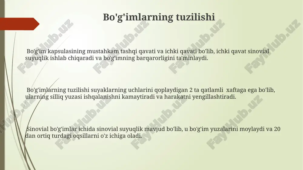 d artrit, 100 dan ortiq bo'g'imlarni zararlantirishi mumkin bo'lgan otoimmun kasallik bo'lib, qo'l va oyoqlarning og'rig'i, shishishi va harakatlanishining cheklanishi bilan namoyon bo'ladi. suyak zichligi osteoporozda 40% gacha kamayishi mumkin, bu esa sinish xavfini sezilarli darajada oshiradi va asosan 50 yoshdan oshgan ayollarda uchraydi. osteoartrit, yoki degenerativ qo'shma kasallik, 30 yoshdan keyin tez-tez uchraydi va bo'g'imlardagi xafta tolalarining aşınması natijasida og'riq va qattiqlikni keltirib chiqaradi. suyaklarning tuzilishi va funksiyalari suyaklarning mustahkamligi, asosan, 60%dan ortiq organik (kollagen) va 30-40% noorganik (gidroksiapatit) moddalarning murakkab tuzilishiga bog'liq bo'lib, bu ularga yuqori mustahkamlik va moslashuvchanlik beradi. inson skeleti taxminan 206 ta suyakdan iborat bo'lib, har bir suyakning o'ziga xos shakli va funksiyasi mavjud, masalan, uzun suyaklar harakatlanishda, qisqa suyaklar esa zarbalarni yumshatishda ishtirok etadi. suyaklarning ichki tuzilishi trabekulyar va kompakt qatlamlarga bo'linadi. kompakt qatlam suyakning tashqi qatlami bo'lib, yuqori zichlikka ega, trabekulyar qatlam esa ichki qismida joylashgan va engilroq tuzilishga ega. bo'g'imlardagi harakat turlari …