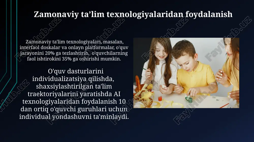 iyati rejalari samaradorligini oshirish uchun kamida 3 ta turli o'quv uslublarini (masalan, hamkorlikda o'rganish, loyihalar ustida ishlash, o'yinlashtirish) qo'llash kerak. o'quv rejalariga 20% dan kam bo'lmagan qismni amaliy mashg'ulotlar va mustaqil ishlarga ajratish, o'quvchilarning faol ishtirokini ta'minlaydi. pedagogik ijodkorlikning mohiyati pedagogik ijodkorlikning asosiy belgilaridan biri - o‘quv maqsadlariga erishish uchun kamida 2 ta alternativ yondashuvni ishlab chiqish va taqqoslash qobiliyati hisoblanadi. pedagogik ijodkorlik o‘qituvchining 10 dan ortiq turdagi o‘quv uslublari va texnologiyalarini bilib, amaliyotda 3 tadan kam bo‘lmaganini samarali qo‘llay olish qobiliyatini anglatadi. ta’lim faoliyati rejalarini ishlab chiqishda ijodkorlikning ahamiyati ta’lim faoliyati rejalarini ishlab chiqishda pedagogik ijodkorlik o’quv jarayonini 30% ga qiziqarli va samaraliroq qilish imkonini beradi, bu esa o’quvchilarning bilim olishga bo’lgan motivatsiyasini oshiradi. pedagogik ijodkorlik, o’quv rejalariga yangi texnologiyalar (masalan, virtual reallik)ni qo’shish orqali o’qitish samaradorligini 2 barobarga oshirish imkonini beradi. kelajakdagi istiqbollar va yangi yondashuvlar kelajakdagi ta’lim rejalari gamifikatsiya va virtual reallik texnologiyalarini qo‘llash orqali o‘quvchilarning faol …