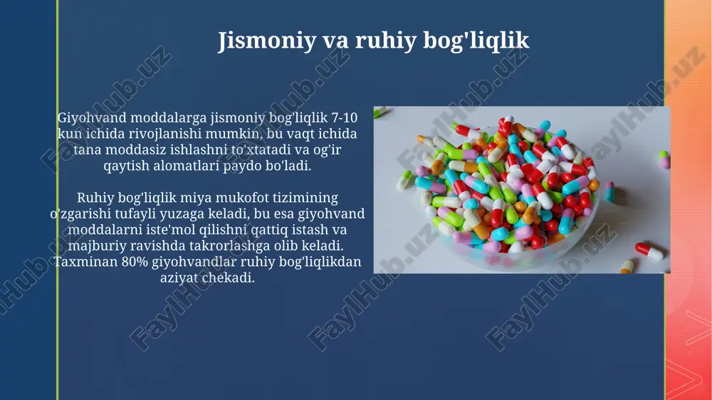 nlik, bolalar tashlab ketilishi va uysiz qolish kabi ijtimoiy muammolar sonining oshishiga olib keladi, statistikaga koʻra bu koʻrsatkichlar 30% ga oshgan. giyohvandlikka qaramlikning yuqori darajasi mehnat unumdorligining pasayishiga, sogʻliqni saqlash tizimiga yukning ortishiga va jamiyatning umumiy rivojlanishiga salbiy taʼsir koʻrsatadi, bu esa yiliga millionlab dollar zarar keltiradi. narkomaniyadan davolash usullari rehabilitatsiya markazlaridagi 12 bosqichli dastur, o'z-o'zini nazorat qilish ko'nikmalarini o'rgatish va ijtimoiy qo'llab-quvvatlash bilan birgalikda, giyohvandlikdan uzoq muddatli tiklanish ehtimolini 30-40% ga oshiradi. metadonni almashtirish terapiyasi kabi dorivor davolash usullari giyohvand moddalarga bo'lgan ehtiyojni kamaytirishda muhim rol o'ynaydi, muvaffaqiyat darajasi 50-60% atrofida. narkotiik moddalarni suiiste'mol qilishning salbiy oqibatlari giyohvand moddalarni suiiste'mol qilish o'pka saratoni, jigar sirrozi va yurak-qon tomir kasalliklari xavfini 3-5 baravar oshiradi, bu esa o'lim xavfini sezilarli darajada oshiradi. narkomaniya, miya hujayralarining o‘limiga va kognitiv funksiyalarning, xususan, xotira va diqqatning sezilarli darajada pasayishiga olib keladi, bu esa 70% hollarda intellektual qobiliyatlarning pasayishiga olib keladi. dozani oshirib yuborish va …