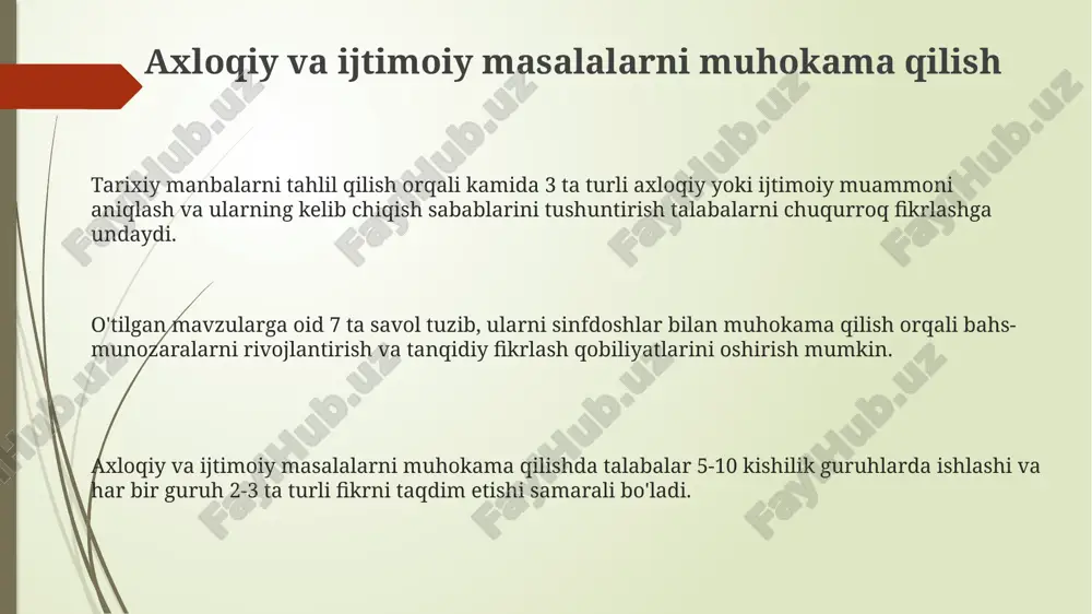 lan ishlash o'quvchilarning tarixiy voqealarni ko'p qirrali anglashlariga va chuqurroq tahlil qilishlariga yordam beradi. manbalarning xronologik tartibda tahlili (masalan, 18-asr va 19-asr manbalarini taqqoslash) o'quvchilarga tarixiy o'zgarishlarni va jarayonlarni kuzatish imkoniyatini beradi. o'quvchilarga manbalarni tanqidiy tahlil qilish, ularning muallifi, maqsadi va ishonchliligi (masalan, birlamchi va ikkilamchi manbalarni farqlash) kabi jihatlarni hisobga olishni o'rgatish muhimdir. turli o'quv usullaridan foydalanish interfaol doskalar va raqamli resurslardan foydalanish, 10 ga yaqin turli xil tarixiy manbalar bilan ishlash orqali talabalarda mustaqil fikrlashni va tarixiy voqealarni tahlil qilish qobiliyatini rivojlantiradi. o'yinlashtirilgan o'quv usullari, masalan, rol o'ynash yoki "qidiruv" o'yinlari, tarixiy voqealarni chuqurroq tushunish va 20% ga yaqin bilim assimilyatsiyasini oshirish imkonini beradi. turli o'quv usullaridan foydalanish, masalan, 5 ta manbani tahlil qilish orqali talabalarda tarixiy fikrlashni rivojlantirishga yordam beradi va ularning 3 ta asosiy tarixiy tushunchani shakllantirish qobiliyatini oshiradi. dalillarni tahlil qilish va baholash miqdoriy va sifatli dalillarni birgalikda tahlil qilish tarixiy hodisalar haqida chuqurroq va …
