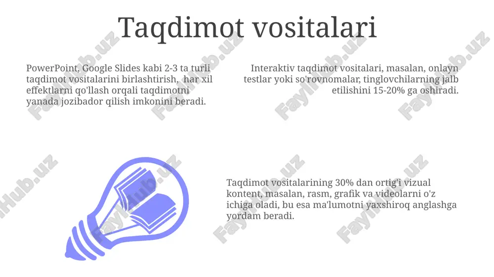 oshabinlar bilan savol-javobga ajratish va feedback olish tavsiya etiladi. bu ularning ishtirokini oshiradi. e'tiboringiz uchun rahmat @taqdimot_robot image1.jpeg image2.jpeg image3.jpeg