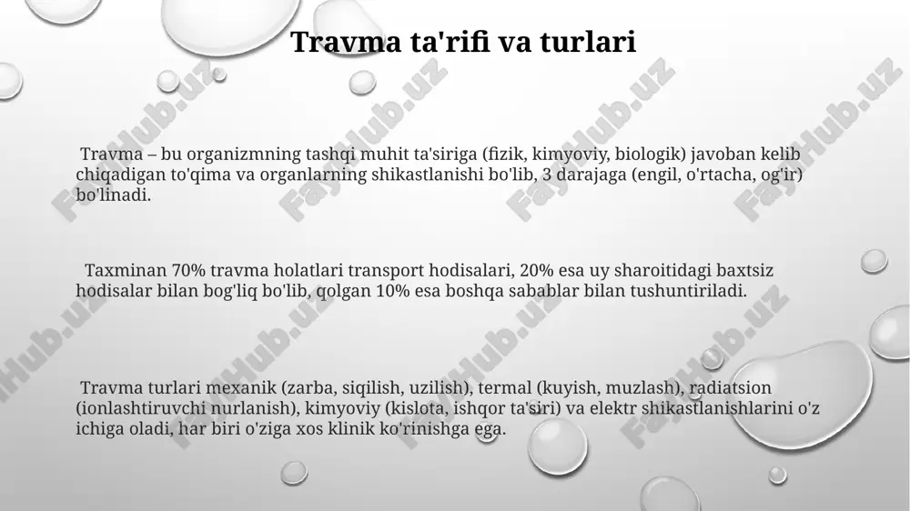 hollarda turli xil somatik kasalliklar, jumladan, yurak-qon tomir kasalliklari va immunitet tizimining zaiflashishiga olib kelishi mumkin. dissotsiativ buzilishlar dissosiativ buzilishlar, xotira, ong va identifikatsiya kabi asosiy funksiyalarni uzilishini o'z ichiga oladi, bu esa 2 dan ortiq alohida identifikatsiyaning paydo bo'lishiga olib kelishi mumkin. dissosiativ amneziya, shaxsning o'z hayoti haqidagi muhim ma'lumotlarni eslab qololmasligi bilan xarakterlanadi, va bu holatlarning 50% dan ko'prog'ida travmatik voqealar bilan bog'liq bo'ladi. depersonalizatsiya va derealizatsiya kabi dissosiativ buzilishlar simptomlari, bemorlarning o'z tanasi yoki atrof-muhit bilan bog'liqlik tuyg'usining buzilishi bilan tavsiflanadi, va bu 10% ga yaqin odamlarda kuzatiladi. xavotir va travma xavotir buzilishi, travmatik tajribalar natijasida kelib chiqadigan ruhiy kasallik bo'lib, 30% gacha bo'lgan kattalar aholisida uchraydi va uyqusizlik, haddan tashqari tashvish kabi alomatlar bilan namoyon bo'ladi. travma natijasida kelib chiqqan stress buzilishi (tksb) diagnostik mezonlariga ko'ra, kamida 3 ta intruziv alomat (qo'rqinchli xotiralar, tushlar) va 2 ta salbiy o'zgarishlar (uyqusizlik, xotira zaifligi) mavjud bo'lishi kerak. bolalik …