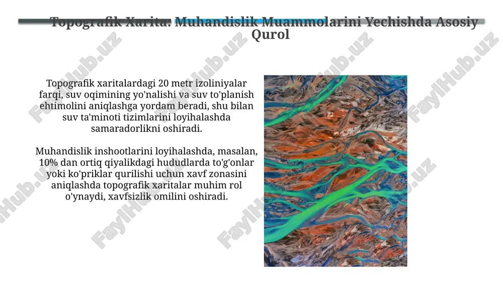er yuzasiga to'g'ri keladi degan ma'noni anglatadi. vertikal masshtab gorizontal masshtabdan farqli ravishda balandlik farqlarini tafsilotli aks ettirish uchun, ko'pincha kattalashtirilgan holda, masalan 1:500 yoki undan ham kattaroq ko'rsatiladi. balandlik chiziqlari va ularning talqini balandlik chiziqlari oralig'i (masalan, 5 metr yoki 10 metr) relyefning murakkabligini va xaritaning tafsilot darajasini belgilaydi, yaqin joylashgan chiziqlar tik yamachlarni ko'rsatadi. ikkita balandlik chizig'i orasidagi masofa izoliniy deb ataladi va u relyefning qiyalik burchagini aniqlashda muhim rol o'ynaydi. masalan, 20 metr izoliniy oralig'i tekisroq relyefni bildiradi. tabiiy ofatlarni bashorat qilishda topografik xaritalarning ahamiyati xarita 1:50 000 masshtabida bo'lsa, yer yuzasining maydonini va egilish burchaklarini aniq o'lchash imkonini berib, suv toshqini yoki zilziladan keyingi zararni aniqlash va tiklash ishlarini rejalashtirishga yordam beradi. topografik xaritalardagi balandlik chiziqlari oralig'idagi masofa (masalan, 5 metr) sel va ko'chki xavfini yuqori aniqlikda baholash imkonini beradi, xavf zonasini aniq chegaralashga yordam beradi. topografik xarita yordamida maydonni tahlil qilish topografik xarita yordamida maydonning …
