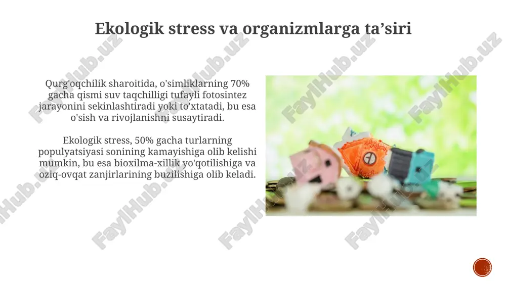 i 75% ga susaytirib, ozuqa moddalarining oʻsimliklarga yetkazilishini buzadi. habitatning degradatsiyasi va organizmlar oʻrmonlarning kesilishi natijasida 70% ga yaqin qushlar turining yashash joylari yoʻqoladi, bu esa ularning sonining keskin kamayishiga va baʼzi turlarning butunlay yoʻq boʻlib ketishiga olib keladi. habitat degradatsiyasi tufayli 30% ga yaqin oʻsimlik turlari yoʻqolib ketish xavfi ostida, bu esa oziq-ovqat zanjiri va biosenozning barqarorligiga salbiy taʼsir koʻrsatadi. invaziv turlar va ekologik muvozanat invaziv turlar mahalliy turlarning 30-50% ga yaqinini siqib chiqarishi va oziq-ovqat zanjiri buzilishiga olib kelishi mumkin, bu esa butun ekosistemaning barqarorligiga tahdid soladi. ba'zi invaziv hayvon turlari, masalan, kemiruvchilar, yuqumli kasalliklarni tarqalishiga sabab bo'lib, mahalliy hayvonlar populatsiyasining 20% gacha kamayishiga olib kelishi mumkin. parazitlar va kasalliklarning taʼsiri ba'zi kasalliklar, masalan, qo'ziqorinli infektsiyalar, butun populyatsiyalarni yo'q qilish xavfini tug'diradi, shu bilan birga bioxilma-xillikni 5-10% ga kamaytiradi va oziq-ovqat zanjiri buziladi. parazitlarning 30% dan ortig'i o'simliklarning fotosintez jarayonini susaytirib, hosildorlikni 15-20% ga kamaytirishi mumkin, bu o'z …