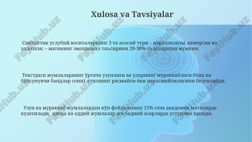 "retorik savol va undovlar"dagi gaplarning uzunligi va tuzilishi (sodda, murakkab) ularning umumlashtiruvchi yoki batafsil ifodalash xususiyatlariga bevosita ta'sir qiladi. ba'zi undovlar, jumladan, 5 dan ortiq takrorlanishlar orqali kuchaytirish va ta'sirchanlikni oshirish uchun ishlatiladi, bu esa sintaktik stilistik vosita hisoblanadi. "retorik savol va undovlar"da retorik savollarning 3 ga yaqin asosiy turi mavjud bo'lib, ular ma'lumot berish, his-tuyg'ularni ifoda etish va muloqotni jonlantirish vazifalarini o'taydi. ellipsi va uning stilistik ahamiyati syntaktik ellipsi, jumlada grammatik jihatdan zarur bo‘lgan asosiy a’zolarning, masalan, kesim yoki ergashuvchining qoldirilishi bilan ifodalanadi va bu, matnning ixchamligini va ifodaviyligini oshiradi. ellipsi, jumlaning 20% gacha qisqarishiga olib kelishi mumkin va bu, nutqning tezligini oshirib, dinamikaning kuchayishiga sabab bo‘ladi, shuningdek, ma’lumotning emotsional ta’sirini kuchaytiradi. qo‘shimcha ma’lumotlarni taxmin qilishga majbur qiluvchi ellipsi, matnga 3-4 martadan ko‘proq qo‘llanilganda, muallifning uslubiy mahoratini namoyon etadi va o‘quvchini faol ishtirok etishga undaydi. sintaktik stilitik vositalarning turli janrlardagi qo'llanilishi badiiy asarlarda 3-5 gacha bo'lingan jumlalarning ko'p uchrashi, …