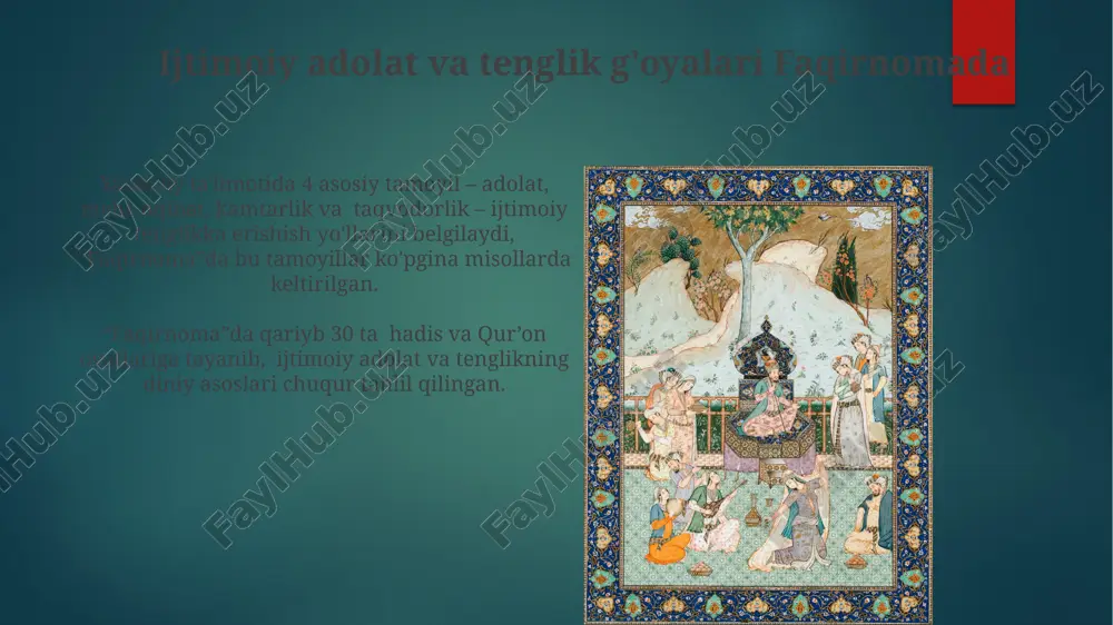 ta asosiy tamoyiliga, jumladan, tavhid, taqvo va muruvvatga bagʻishlangan. “faqirnoma”dagi 250 dan ziyod misra “divoni hikmat”ning sheʼriy uslubi va maʼnaviy mazmuniga bevosita taʼsir koʻrsatgan. yassaviylik falsafasining xususiyatlari yassaviyalik ta'limotining 12 ta asosiy jihatidan biri – insonning jamiyatdagi o'rni va mas'uliyati, 5 ta axloqiy me'yorlarning ahamiyati "divoni hikmat"dagi she'rlarda ko'zga tashlanadi. yassaviylikdagi zikrning 3 turi – qalb, til va amal zikrining o'zaro bog'liqligi va ularning insonning ruhiy kamolotdagi roli "faqirnoma"da muhim o'rin tutadi. divoni hikmatdagi lirik va falsafiy elementlar “divoni hikmat”da 120 dan ortiq g’azal, 50 dan ziyod ruboiy va turli hajmdagi boshqa she’riy shakllar mavjud bo‘lib, ularning aksariyati lirik va falsafiy mavzularda yozilgan. ahmad yassaviyning she’rlari, xususan “divoni hikmat”dagi 700 dan ortiq baytlar, tasavvuf falsafasining asosiy tamoyillarini, jumladan, tavhid, ma’rifat va taqvo kabi tushunchalarni aks ettiradi. faqirnoma va divoni hikmatning taqqoslanishi “faqirnoma”ning nasriy janri va “divoni hikmat”ning she’riy janri, ikki asarning badiiy ifoda vositalari va ta’sir kuchini solishtirishda muhim ahamiyat …