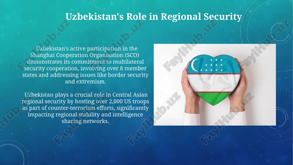 security, involving agreements worth hundreds of millions of dollars. economic diplomacy and trade relations uzbekistan’s membership in the eurasian economic union (eaeu) has facilitated preferential trade access with russia and kazakhstan, resulting in a 15% reduction in tariff barriers for numerous export goods. uzbekistan's "new silk road" initiative has boosted trade volumes with china by over 20%, exceeding $8 billion annually, significantly impacting its gdp growth. historical overview of uzbekistan's foreign relations uzbekistan's historical ties with central asian neighbors, particularly through shared turkic heritage and silk road connections, have profoundly influenced its post-soviet foreign policy, leading to several bilateral agreements on trade and cultural exchange. uzbekistan, after its 1991 independence from the soviet union, rapidly established diplomatic relations with over 150 countries, prioritizing regional stability and economic partnerships within the commonwealth of independent states (cis). thank you for your attention @taqdimot_robot image3.png image4.jpg image5.jpg image6.jpg image7.jpg image8.jpg image9.jpg image10.jpg image11.jpg …