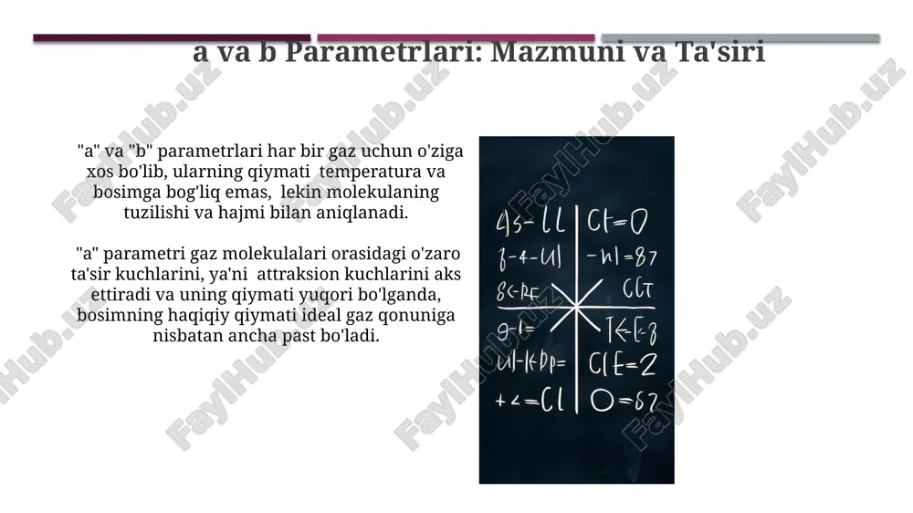 ib, ideal gaz qonuniga qaraganda aniqroq natijalar beradi, xatolik darajasini kamaytiradi. van der vaals tenglamasi, ideal gaz qonunidan farqli o'laroq, real gazlarning bosim va hajm o'zgarishlarini 2 ta empirik parametr (a va b) yordamida aniqroq aks ettiradi, bu esa aniqroq hisob-kitoblar olib borish imkonini beradi. van der vaals tenglamasining kritik nuqtasi kritik nuqtada, gaz va suyuqlik fazalari bir-biridan farq qilmaydi va ularning fizik xossalari bir xil bo'ladi, bu esa van der vaals tenglamasida o'ziga xos tenglamalar sistemasini hosil qiladi. van der vaals tenglamasining kritik nuqtasi moddaning gazsimon holatdan suyuq holatga o'tishini tavsiflovchi parametrlarning (bosim, hajm, temperatura) kritik qiymatlarini aniqlaydi, bu yerda p c , v c va t c ga teng. kritik temperatura, bosim va hajm gazning kritik nuqtasida (tc, pc, vc), van der vaals izotermasi egri chizig'ining gorizontal teginish nuqtasini hosil qiladi, bu nuqta suyuq va gaz fazalarining bir-biriga o'tish nuqtasini ifodalaydi. kritik temperaturada, van der vaals tenglamasidagi bosim …