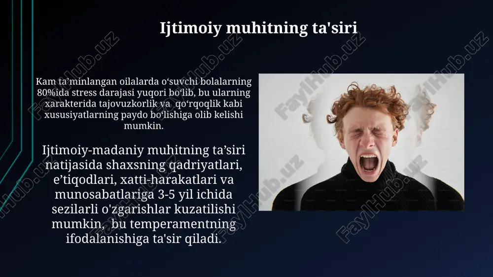 oq o'rganish uchun 500 dan ortiq ishtirokchini o'z ichiga olgan katta miqyosli longitudal tadqiqotlar o'tkazish mumkin. xolerik temperament va xarakter xolerik temperamentli shaxslarning 70% gacha o'ziga xos qat'iyatliligi va 30% impulsivligi bilan tavsiflanadi, bu esa ularning xarakterida tezkor qarorlar qabul qilish va ba'zan tajovuzkorlik namoyon bo'lishini keltirib chiqaradi. xolerik temperament xarakterning liderlik fazilatlari, yuqori energiya darajasi (taxminan 80% hollarda) va o'ziga ishonchlilik bilan bog'liq, ammo sabrsizlik va asabiylashish ham xarakterga salbiy ta'sir qilishi mumkin. flegmatik temperament va xarakter flegmatik temperamentdagi insonlarning 60% ishchanligi va 35% mas'uliyat hissi yuqori bo'ladi, bu ularni ishonchli hamkor va do'st qiladi, ammo qolgan 5% o'z-o'zidan tashabbus ko'rsatishda zaiflikni ko'rsatadi. flegmatik temperamentga ega shaxslarning xarakterida 40% sabr-toqatlilik, 30% tinchliksevarlik va 20% oʻziga ishonganlik kuzatiladi, qolgan 10% esa boshqa xususiyatlarga toʻgʻri keladi. temperamentni bilish va boshqarish temperamentning 4 asosiy turi – sangvinik, xolerik, flegmatik va melanxolik – shaxsiyatning xulq-atvor namoyon bo‘lishida sezilarli darajada farqlarni keltirib chiqaradi, bu …