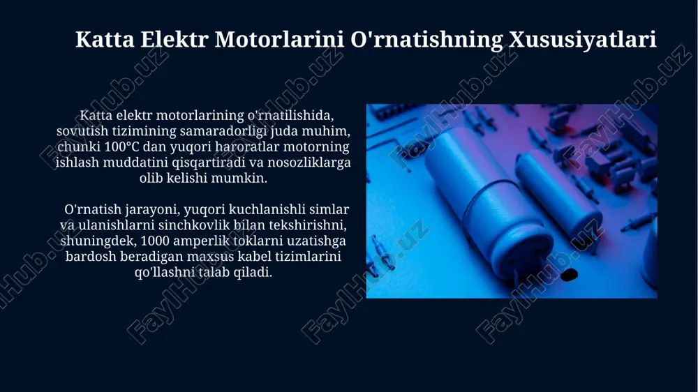 k. elektr ta'minoti tizimlari katta elektr motorlarini o'rnatishda, minimal 1,5-2 marta nominal quvvatga ega elektr ta'minoti transformatorlari va elektr energiyasini uzatuvchi kabellarni tanlash muhim hisoblanadi, bu esa kuchlanish pasayishini oldini oladi. elektr ta'minoti tizimlarining ishonchliligi 99,9% dan yuqori bo'lishi uchun, zahira manbalari, avtomatik o'chirgichlar va himoya tizimlari, shu jumladan, 10 kv dan yuqori kuchlanishli liniyalarni qo'llash zarur. himoya va avtomatik boshqaruv tizimlari katta elektr motorlarining himoya tizimlari 500a dan yuqori tok kuchlanishlarini aniqlash va 0,1 soniyadan kamroq vaqt ichida o'chirish imkoniyatiga ega bo'lishi kerak. himoya va avtomatik boshqaruv tizimlarining ishonchliligi kamida 99,9% bo'lishi va 24/7 uzluksiz ishlashi ta'minlanishi zarur. sinov va ishga tushurish katta elektr motorlarini o'rnatishda 10 kv dan yuqori kuchlanishli qurilmalarni ulash uchun maxsus tayyorgarlik va himoya vositalaridan foydalanish talab etiladi. motorning ishlash samaradorligini oshirish va energiya sarfini kamaytirish uchun chastotali boshqaruv tizimlari qo'llanilishi mumkin, bu esa 15-20% energiya tejashga olib kelishi mumkin. e'tiboringiz uchun rahmat @taqdimot_robot image5.jpg …