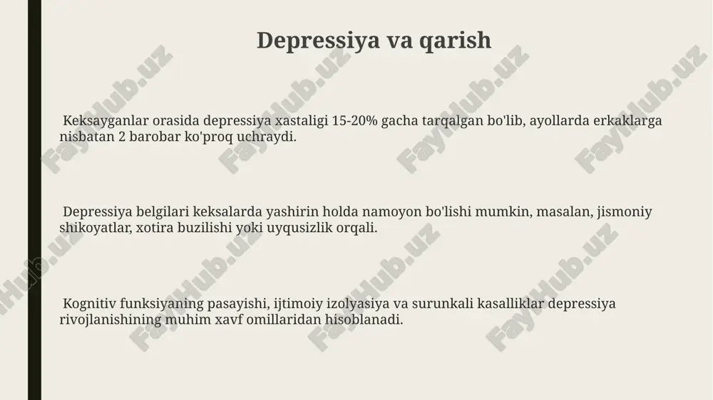 pasaytiradi; tadqiqotlar shuni ko'rsatdiki, yolg'iz yashovchi keksalarning 30% dan ko'prog'i moslashuvchanlikning past darajasini namoyon qiladi va depressiya xavfi yuqori. demensiya va qarish demensiya, 65 yoshdan oshganlarning taxminan 5-7 foizida uchraydi va bu ko'rsatkich yosh o'tishi bilan ortadi, shuningdek, alzheimer kasalligi demensiyaning eng keng tarqalgan turi hisoblanadi. demensiyaning erta bosqichlarida, individual psixologik xususiyatlarni hisobga olgan holda, ijtimoiylashuvni qo'llab-quvvatlash va hayot sifatini yaxshilashga qaratilgan strategiyalar samarali bo'lishi mumkin. demensiya bilan og'rigan keksalarni qo'llab-quvvatlashda, kognitiv funksiyalarini saqlab qolishga qaratilgan psixologik terapiya va xotirani yaxshilash usullari muhim rol o'ynaydi. kognitiv funksiyalar va qarish kognitiv rezervlar, ya'ni miyaning zahiralari, kognitiv pasayishning ta'sirini kamaytirishda muhim rol o'ynaydi. yuqori ta'lim darajasi va intellektual faoliyat kognitiv rezervlarni oshirib, kognitiv qarish jarayonini sekinlashtiradi. keksalikda miya hajmining qisqarishi va neyronlararo aloqalarning pasayishi, shuningdek, asetilxolin kabi neyrotransmitterlarning kamayishi kognitiv funksiyalarni zaiflashtiradi. bu 15-20% atrofida demans xavfini oshiradi. yoshga bogʻliq kognitiv pasayish 65 yoshdan keyin sezilarli darajada kuchayib, xotira, e'tibor va ijro …