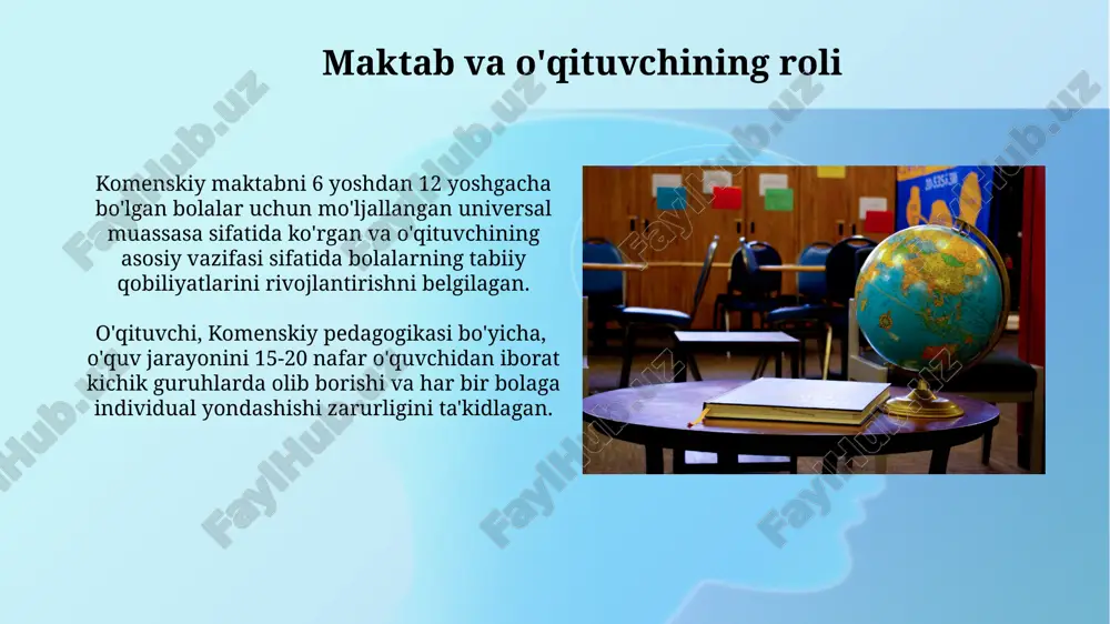 jima qilingan darsliklarni yaratish g'oyasini ilgari surgan va bu global ta'lim tizimining shakllanishiga katta hissa qo'shgan. "didaktika asarlari"da ta'limning bosqichma-bosqichligi, ya'ni sensorli idrokdan murakkab bilim turlariga o'tish tamoyili muhim o'rin egallaydi va bu 6 yoshdan boshlab boshlanishini tavsiya qiladi. ona tili ta'limining ahamiyati ona tili ta'limi bolaning kognitiv rivojlanishi uchun muhim ahamiyatga ega bo'lib, 5-7 yoshdagi bolalarda lug'at boyligini 1000 dan ortiq so'zga yetkazishga yordam beradi. ona tili ta'limi, kommunikativ kompetensiyani shakllantirishda muhim rol o'ynab, bolaning ijtimoiy moslashuvchanligini va muloqot malakalarini 30% ga yaxshilaydi. ta'lim mazmuni va uslublari komenskiy darsliklarida 1000 dan ortiq rasmlar ishlatilgan bo’lib, bu vizual ta’lim uslubining ahamiyatini ko’rsatadi va o’quv jarayonini yanada samarali qiladi. komenskiy ta’lim mazmunida 150 dan ortiq tillarni o’rganishni o’z ichiga olgan universal bilim tizimini taklif qilgan bo’lib, bu ko’p tillilikka asoslangan edi. e'tiboringiz uchun rahmat @taqdimot_robot image2.jpg image3.jpg image4.jpg image5.jpg image6.jpg image7.jpg image8.jpg image9.jpg image10.jpg image11.jpg image12.jpg image13.jpg image1.png