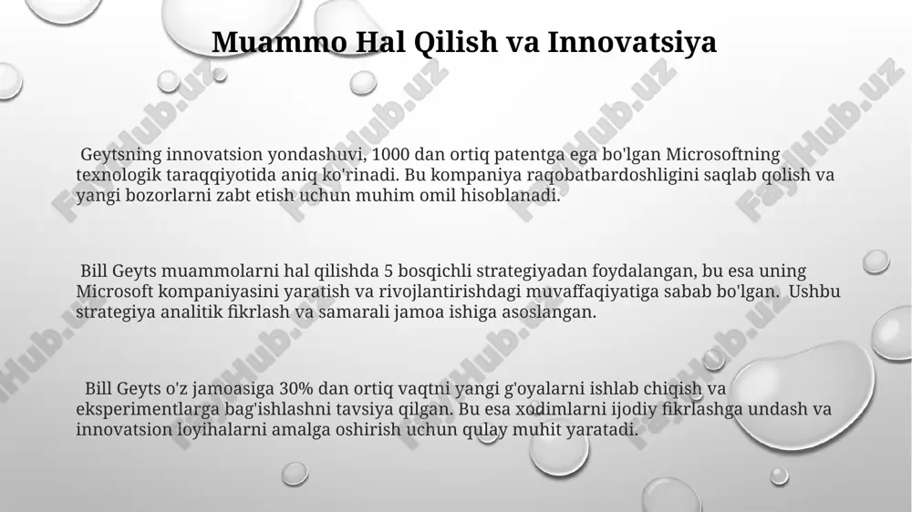 g maqsadga yo'naltirilganligi va yuqori talabchanligi, raqobatbardosh bozor sharoitida 90% dan ortiq bozor ulushiga erishishga yordam berdi. muloqot va motivatsiya bill geyts muloqotda aniqlikka va samimiylikka ustunlik bergan, bu uning jamoasiga 90% dan ortiq ishonch va samaradorlikni ta'minlagan. geytsning motivatsiya usullaridan biri - muvaffaqiyatlarni jamoa darajasida keng miqyosda taqdirlash va 10% gacha bounty (mukofot) tizimini joriy etish bo'lgan. u o'z xodimlarini motivatsiya qilishda maqsadga yo'naltirilgan 3-bosqichli strategiyani qo'llagan: qisqa muddatli natijalar, o'rta muddatli rejalar va uzoq muddatli vizyon. delegatsiya va vakolat berish sanʼati bill geytsning fikricha, samarali vakolat berish uchun ishonchlilik, ochiq muloqot va muntazam monitoring kabi muhim omillarni hisobga olish kerak. bill geyts vakolat berishda 50% dan ortiq vazifalarni o'z jamoasiga topshirish strategiyasini qo'llagan, bu samaradorlikni oshirish va rahbar sifatida o'sishga yordam bergan. microsoft kompaniyasida vakolat berish jarayoni aniq vazifalar, javobgarlik va muddatlarni o'z ichiga olgan 3 bosqichli tizim orqali amalga oshirilgan. strategik fikrlash va qarorlar qabul qilish geytsning …