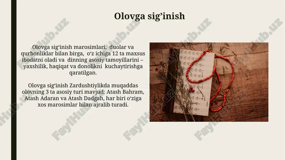 sariyati hindiston va eron mamlakatlarida istiqomat qiladi. zardushtiylikning asosiy matni – avesto, zamonaviy olimlar tomonidan o'rganilib, turli xil sharhlari va 50 dan ortiq qo'lyozmalari mavjud. zardo’shtiylikning tarqalishi hindistonda, parsi dinining (zardushtiylikning bir shakli) 700 000 dan ortiq izdoshi mavjud boʻlib, bu diniy anʼanalarining ming yillik davomli saqlanib qolishini koʻrsatadi. zardushtiylik miloddan avvalgi 6-asrda eron hududida paydo boʻlib, keyinchalik markaziy osiyo, hindiston va boshqa hududlarga, taxminan 1 million kishiga tarqalgan. zoroastrizmning asosiy ta’limotlari zardushtiylikda 3 ta muqaddas olov – atash behram, atash adaran va atash davar – mavjud bo‘lib, ular muqaddas joylarda saqlanadi va ibodatlar davomida muhim rol o‘ynaydi. zardushtiylikning asosiy ta’limotlaridan biri – yaxshilik (asho) va yomonlik (druj) o‘rtasidagi abadiy kurash haqidagi g‘oya bo‘lib, bu kurashda 7 amasha spenta (muqaddas ruh) yaxshilik tarafini qo‘llab-quvvatlaydi. yaratilish va jahon tartibi jahon tartibi yaxshilik (asha) va yomonlik (druj) o'rtasidagi doimiy kurashga asoslanadi, bu esa 3000 yildan ortiq davom etayotgan diniy urf-odatlarga ta'sir qiladi. …