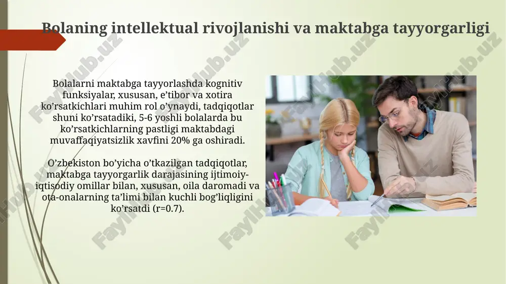 anishi maktabga tayyorgarlik darajasini sezilarli darajada belgilaydi. kognitiv rivojlanish va maktabga tayyorgarlik maktabga tayyorgarlikni baholashda kognitiv rivojlanishning 5-7 yoshdagi bolalarda til tushunish va mantiqiy fikrlash kabi ko'rsatkichlari muhim ahamiyatga ega bo'lib, bu ko'nikmalar maktab muvaffaqiyatini oldindan aytib beruvchi omillar hisoblanadi. tadqiqotlar shuni ko'rsatadiki, kognitiv rivojlanishning past darajasi bo'lgan bolalarda maktabga moslashish qiyinchiliklariga va o'qishdagi orqada qolish xavfiga 30% gacha yuqori ehtimol mavjud. chet el tadqiqotlarida maktabga tayyorgarlikning ta'rifi ba'zi tadqiqotlar maktabga tayyorgarlikni kognitiv rivojlanishning 3 asosiy sohasi: til, matematik va vizuospatial qobiliyatlar asosida baholaydi. chet el tadqiqotlarida maktabga tayyorgarlik, 5-7 yoshdagi bolalarda o'qishga, yozishga va hisoblashga tayyorlik darajasi, shuningdek, ijtimoiy-emotsional yetuklik ko'rsatkichlari bilan aniqlanadi. xavf omillari va himoya omillari ta'limga tayyorgarlikning past darajasi bilan bog'liq xavf omillaridan biri, oiladagi ijtimoiy-iqtisodiy holatning pastligi bo'lib, bu bolaning kognitiv rivojlanishiga 30% gacha ta'sir qilishi mumkin. erta bolalik davrida olingan sifatli ta'lim, masalan, bolalar bog'chasiga qatnashish, maktabga tayyorgarlik darajasini 15-20% ga yaxshilashga yordam beradi …