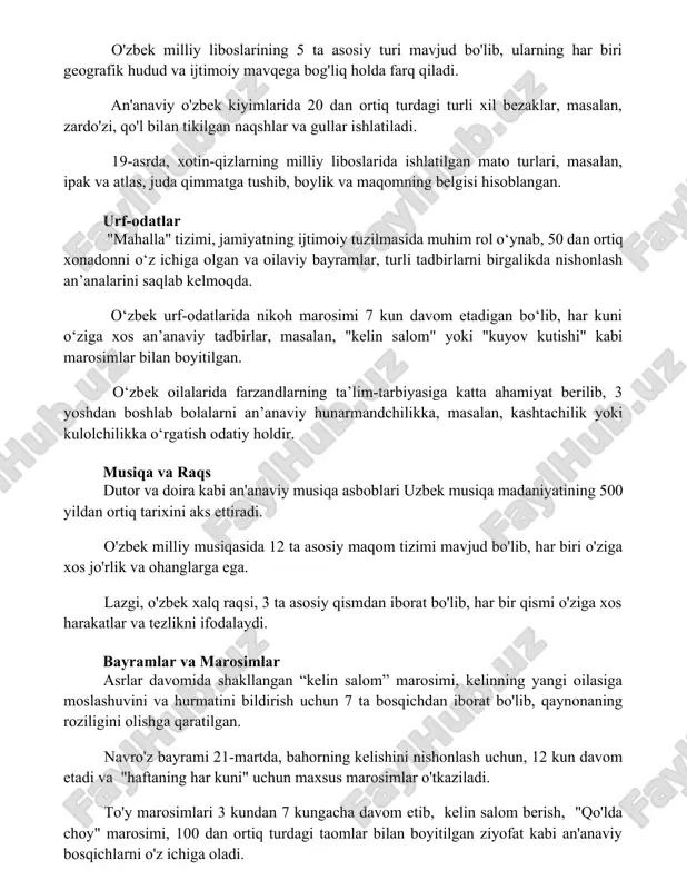 b, 50 dan ortiq xonadonni o‘z ichiga olgan va oilaviy bayramlar, turli tadbirlarni birgalikda nishonlash an’analarini saqlab kelmoqda. o‘zbek urf-odatlarida nikoh marosimi 7 kun davom etadigan bo‘lib, har kuni o‘ziga xos an’anaviy tadbirlar, masalan, "kelin salom" yoki "kuyov kutishi" kabi marosimlar bilan boyitilgan. o‘zbek oilalarida farzandlarning ta’lim-tarbiyasiga katta ahamiyat berilib, 3 yoshdan boshlab bolalarni an’anaviy hunarmandchilikka, masalan, kashtachilik yoki kulolchilikka o‘rgatish odatiy holdir. musiqa va raqs dutor va doira kabi an'anaviy musiqa asboblari uzbek musiqa madaniyatining 500 yildan ortiq tarixini aks ettiradi. o'zbek milliy musiqasida 12 ta asosiy maqom tizimi mavjud bo'lib, har biri o'ziga xos jo'rlik va ohanglarga ega. lazgi, o'zbek xalq raqsi, 3 ta asosiy qismdan iborat bo'lib, har bir qismi o'ziga xos harakatlar va tezlikni ifodalaydi. bayramlar va marosimlar asrlar davomida shakllangan “kelin salom” marosimi, kelinning yangi oilasiga moslashuvini va hurmatini bildirish uchun 7 ta bosqichdan iborat bo'lib, qaynonaning roziligini olishga qaratilgan. navro'z bayrami 21-martda, bahorning kelishini …