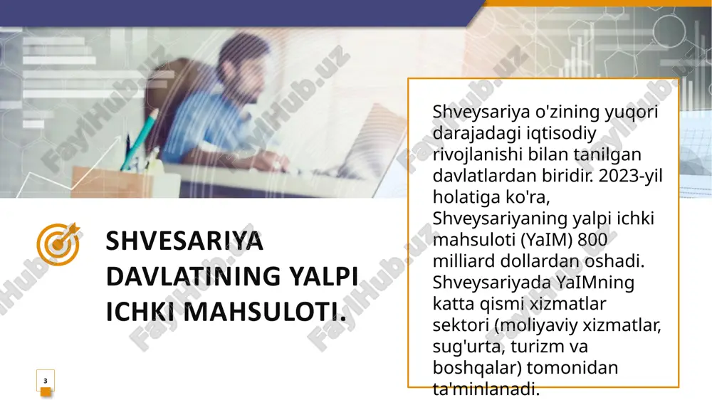 shveysariya o‘zining yuqori darajadagi iqtisodiy rivojlanishi, barqaror moliyaviy tizimi va past tashqi qarzi bilan dunyodagi eng ilg‘or mamlakatlar qatorida joylashgan. 10 image2.jpg image3.png image4.png image5.png image6.jpeg image7.png image8.jpeg image9.png image10.svg image11.png image12.svg image13.jpeg image14.png image15.jpeg image16.png image17.svg image18.png image19.svg image20.png image21.svg image22.png .msftofcthm_accent2_fill { fill:#e58c09; } .msftofcthm_text1_lummod_50_lumoff_50_fill { fill:#7f7f7f; } .msftofcthm_accent2_fill { fill:#e58c09; } .msftofcthm_accent5_fill { fill:#1d9ba1; } .msftofcthm_accent6_fill { fill:#87175f; } /docprops/thumbnail.jpeg