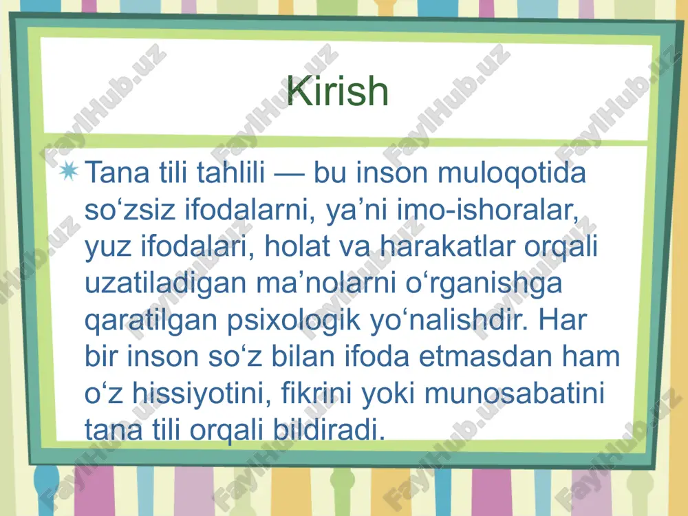 yuzlama signallar” yuzaga keladi. muloqotda tana tilidan to‘g‘ri foydalanish ishonchli va iliq munosabatlarni shakllantirishning kalitidir. xulosa tana tili — bu inson ruhiy holatining yashirin, ammo aniq ifoda etuvchisi. uning tahlili nafaqat psixologlar uchun, balki kundalik hayotda har bir inson uchun foydali ko‘nikmadir. tana tilini to‘g‘ri tushunish orqali biz boshqalarni yaxshiroq his qilamiz, nizolardan qochamiz va ishonchli muloqot o‘rnatamiz. zamonaviy davrda tana tili biznes, siyosat, ta’lim va hatto tibbiyot sohalarida ham keng qo‘llanilmoqda. chunki inson faqat so‘z bilan emas, balki har bir harakati, nigohi va holati bilan ham o‘zini ifoda etadi. shu bois tana tili tahlili — inson tabiatini chuqur anglash va muvaffaqiyatli muloqotga erishishning eng samarali yo‘nalishlaridan biridir. e’tiboringiz uchun rahmat image3.emf image4.png image5.png image6.png image7.png image1.png image2.png /docprops/thumbnail.jpeg