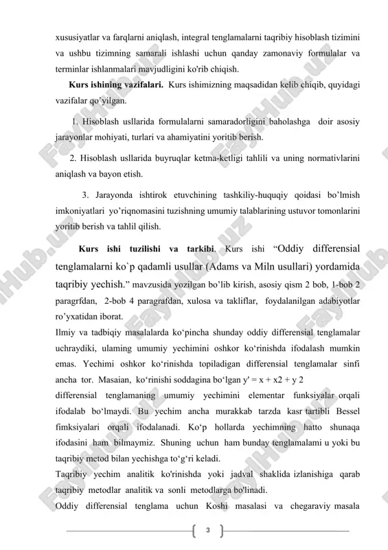 taqribiy yechim analitik ko'rinishda yoki jadval shaklida izlanishiga qarab taqribiy metodlar analitik va sonli metodlarga bo'linadi. oddiy differensial tenglama uchun koshi masalasi va chegaraviy masala qo‘yiladi. koshi masalasini yechish chegaraviy masalani yechishga nisbatan ancha yengildir. shuning uchun ham ayrim hollarda chegaraviy masala koshi masalasiga keltirib yechiladi. analitik metodlarga ketma-ket yaqinlashish (pikar metodi), darajali qatorga yoyish, chapligin, nyuton-kantorovich, kichik parametrlar metodlari kiradi. ayniqsa, keyingi paytlarda ehmlaming rivojlanishi bilan aniqlik tartibi yuqori bo'lgan sonli metodlarga e’tibor kuchaydi. shu bilan bir qatorda analitik metodlar hozir ham o‘z tatbiqini yo‘qotgani y o ‘q. i. bob.differensial va integral tenglamalarning sonli yechimi. nyuton va leybnits hisob-kitoblarining jismoniy dunyoni matematik tavsiflashga imkon bergan jihati bu dunyoning turli xossalarini bir-biriga bog'laydigan tenglamalarga hosila va integrallarni kiritish qobiliyatidir. shunday qilib, biz yashayotgan dunyoni tavsiflovchi nazariyaning ko'p qismi differentsial va integral tenglamalar deb ataladigan narsalarda mavjud. bunday tenglamalar nafaqat fizika fanlarida, balki biz yashayotgan dunyoni tushunishga harakat qiladigan biologiya, sotsiologiya …