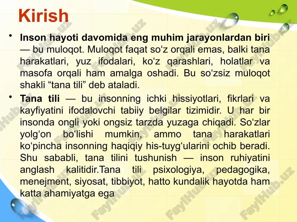 qilishni ifodalaydi. ega qilishning chuqurligi va davomiyligi shaxsning ijtimoiy mavqeiga qarab farqlanadi: yuqori lavozimdagi shaxsga chuqurroq ega qilinadi. bu an’ana nafaqat salomlashishda, balki kechirim so‘rash yoki minnatdorchilik bildirishda ham qo‘llaniladi, shu orqali milliy madaniyatning kamtarlik va intizom qadriyatlarini ko‘rsatadi. tana tili komponentlari va psixologik ma'nosi tana tili quyidagi asosiy elementlarga bo'linadi, har biri psixik holatni aks ettiradi: yuz ifodasi (facial expressions): bu eng ko'zga ko'ringan qism, ammo psixologiyada u his-tuyg'ularni 100% aniq ko'rsatmasligi ta'kidlanadi. masalan, tabassum ba'zida haqiqiy quvonch (ko'z atrofidagi chiziqlar paydo bo'ladi), ba'zida esa ijtimoiy maska (faqat og'iz harakati) bo'lishi mumkin. kam ma'lumotli joy: yuz ifodasi tahlilida "mikroifodalar" (soniyada 1/25 qism) muhim – ular yolg'on yoki qo'rquvni ochib beradi, lekin ularni sezish uchun maxsus trening kerak yolg‘on, hayajon, ishonch belgilari yolg‘on, hayajon, ishonch belgilarini tana tilidan aniqlash tana tilidan yolg‘on, hayajon va ishonch belgilarini aniqlash psixologiyaning amaliy qo‘llanilishi bo‘lib, u sud jarayonlarida, intervyularda va kundalik muloqotda ishlatiladi. yolg‘on …