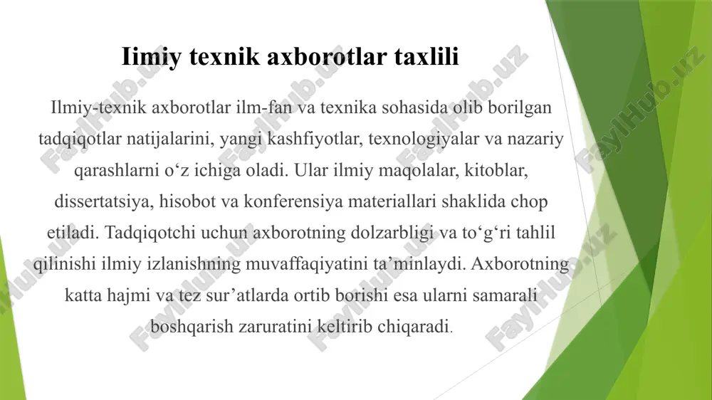 sh. “ilmiy-texnik axborot va uning tahlili”. – toshkent, 2018. nazarov, t. “ilmiy-tadqiqot usullari va ma'lumotlarni tahlil qilish”. – toshkent, 2020.davronov, a. “texnik axborotni tizimlashtirish va o'rganish”. – toshkent, 2019.smirnov, v. “scientific and technical information analysis”. – moscow, 2017.ivanov, i. “methods of scientific information processing”. – st. petersburg, 2016. britannica online. scientific and technical information – https://www.britannica.com sciencedirect – https://www.sciencedirect.com /docprops/thumbnail.jpeg