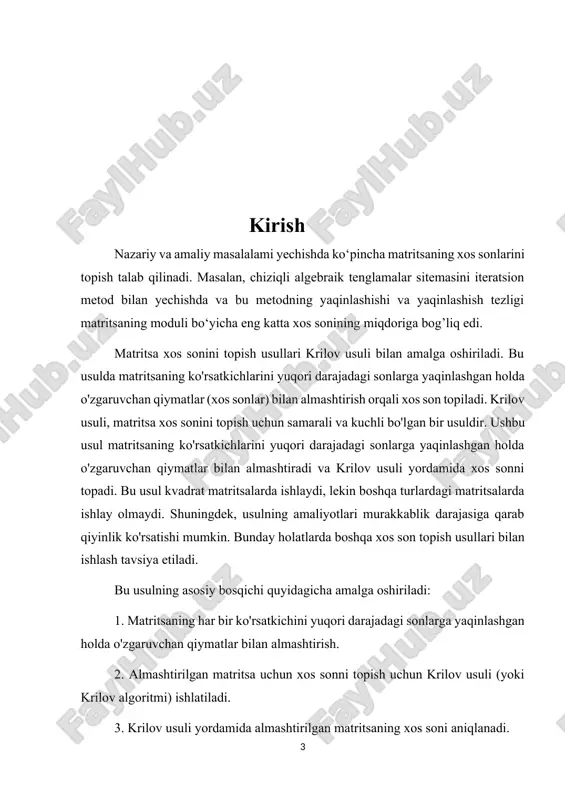 n, xususan, quyidagi kelib chiqadi: matritsaning birorta xos soni nolga teng bo‘lishi uchun uning determinanti nolga teng bo‘lishi zarur va yetarlidir. i bob xos sonni topishda danilevskiy va krilov usullari 1.1. eng katta xos son va unga mos xos vektorni topishda matritsaning modulidan foydalanish faraz qilaylik, a matritsaning barcha xos vektorlari chiziqli erkli bo‘lsin. bu holda a matritsa oddiy strukturaga ega deyiladi. 1-hol. a matritsaning xos qiymatlari quyidagi tengsizlikni qanoatlantirsin biz ning taqribiy qiymatini topish usulini ko‘rsatamiz. ixtiyoriy noldan farqli vektor olib, uni a matritsaning xos vektorlari lar bo‘yicha yoyamiz: bu yerda lar o ‘zgarmas sonlar. vektor ustida matritsa yordamida almashtirish bajaramiz: bundan ligini e’tiborga olsak, bo’ladi. endi n o‘lchovli vektorlar fazosida bazis olamiz. bu bazisda vektorni yoyib yozamiz: endi (2) dan (3) ga asosan ni hosil qilamiz. bunda yig‘ish tartibini o ‘zgartirib, ga ega bo'lamiz. ichki summa ning koeffitsiyenti, demak u vektorning i-koordinatasidir. bundan quyidagini yoza olamiz: xuddi shuningdek, …