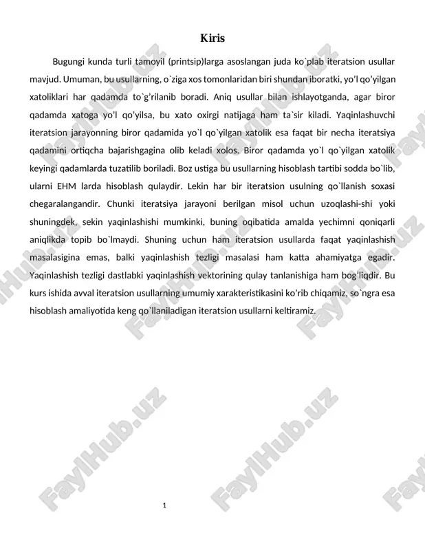 a-ketlikning navbatdagi yk+1 xadini uning avvalgi yk xadi orqali oshkor ifodalash imkonini beradi: (1.3) ana shunday rekkurent formulaga asoslangan iteratsion usullar oshkor usullar deyiladi. oshkormas usullar (bk+1 e orasida bk+1 matritsani uchburchakli qilib tanlanadigan usullar eng ko`p tarqalgan. bu xolda navbatdagi yk+1 iteratsiyani topish uchun yk+1 ning komponentlarini (1.2) uchburchakli misoldan birin-ketin gauss usulining teskari yurishiga qilinganidek topishga keltiriladi. qandaydir iteratsion usulning qo`llanishi {yk} ketma-ketlik misolning x yechimiga yaqinlashishni bildiradi: (1.4) (1.4) tenglik quyidagini anglatadi: (1.5) (1.5) dan kurinadiki, u vektorlar ketma-ketligining x vektorga yaqinlashishining zaruriy va yetarli sharti har bir komponentning yaqinlashuvchiligidan iborat: ushbu ayirma zk = yk - x xatolik deyiladi. yk ni yk = x + zk ko`rinishda yozib va (1.1) ga quyib, xatolik uchun (1.6 ) iteratsion formulami hosil kilamiz. (1.1) dan farqli ularok, u misolning ung tomoni (f) ni o`z ichiga olmaydi,ya`ni bir jinslidir. (1.4) yaqinlashishni talab etish zk ning nolga intilishi lozimligini anglatadi: (1.7) …