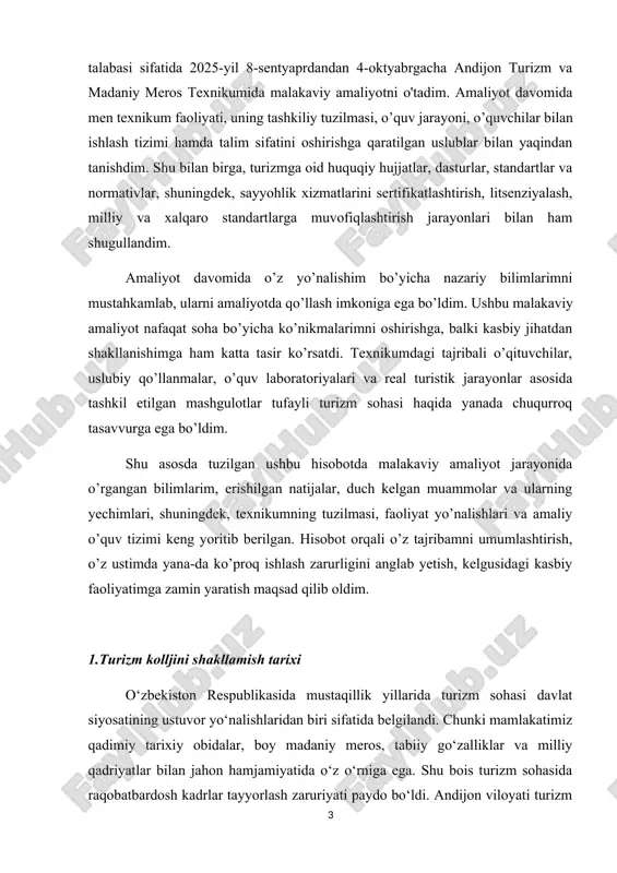 g ustuvor yo‘nalishlaridan biri sifatida belgilandi. chunki mamlakatimiz qadimiy tarixiy obidalar, boy madaniy meros, tabiiy go‘zalliklar va milliy qadriyatlar bilan jahon hamjamiyatida o‘z o‘rniga ega. shu bois turizm sohasida raqobatbardosh kadrlar tayyorlash zaruriyati paydo bo‘ldi. andijon viloyati turizm kolleji ham aynan shu ehtiyojdan kelib chiqqan holda tashkil etildi. viloyatdagi turizm infratuzilmasini rivojlantirish, mehmonxonalar, xizmat ko‘rsatish maskanlari, transport-logistika tizimi va ekskursiya faoliyati uchun malakali mutaxassislarni tayyorlash asosiy vazifa sifatida belgilandi. kollejning shakllanish tarixi davomida o‘quv jarayonida zamonaviy ta’lim standartlari, turizm menejmenti, servis va mehmonxona xo‘jaligi, turoperatorlik, gidlik va xorijiy tillarni o‘qitish yo‘nalishlariga alohida e’tibor qaratildi. talabalarga nazariy bilimlarni amaliy mashg‘ulotlar bilan uyg‘unlashtirish uchun viloyatdagi mashhur mehmonxonalar, sayyohlik firmalari va tarixiy obidalar negizida amaliyot o‘tash imkoniyatlari yaratildi. bugungi kunda andijon viloyati turizm kolleji nafaqat viloyat, balki butun respublika uchun malakali turizm xodimlarini yetkazib beruvchi muhim ta’lim muassasalaridan biri hisoblanadi. kollej faoliyatining shakllanish jarayonida o‘qituvchilarning tajribasi, zamonaviy metodik qo‘llanmalar va davlat tomonidan berilgan …