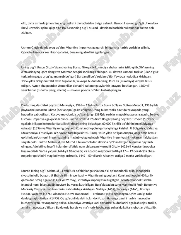 u yerga kuchirilgan. bu gʻalabadan sung mahmud ii fotih bolqon va markaziy yevropa mamlakatlarini zabt etishga kirishgan. serbiya (1459), moraviya (1460), bosniya (1463), valaxiya (1476), albaniya (1479) trapezund — trabzon (1461) egallangan. qrim xonligi tobe davlatga aylantirilgan (1475). oq qoʻyunli davlati hukmdori uzun hasanga qarshi harbiy harakatlar kuchaytirilgan. yevropaning italiya, olmoniya, avstriya kabi davlatlari hududlarini egallash rejasi tuzilib, amaliy harakatga oʻtilgan. bu davrda harbiy va maʼmuriy boshqaruv sohasida katta islohotlar oʻtkazilib, ulkan saltanatni mustahkamlash choralari koʻrilgan. ayniqsa, adabiyot, sanʼat va meʼmorchilik gullab-yashnagan. sulton boyazid ii, salim i va sulaymon i hukmronlik qilgan davrlarda saltanat haddan tashqari kuchaygan. xususan, salim i yovuz eron safaviylari shohi ismoil i qoʻshinini yanchib tashlaydi (1514-yil 23-avgust). iroq, shom (suriya), falastin, misrni egallab, qohiraga kiradi (1517). bu paytda misrdan tashqari shimoliy afrikaning jazoir hududi, shuningdek, bolqon, arabiston, janubiy-sharqiy anadolu ham usmonli imperiyasi tarkibiga kirgan. halabda boʻlgan juma namozi (1516-yil 28-avgust)da sulton salim i ga "ikki muqaddas …