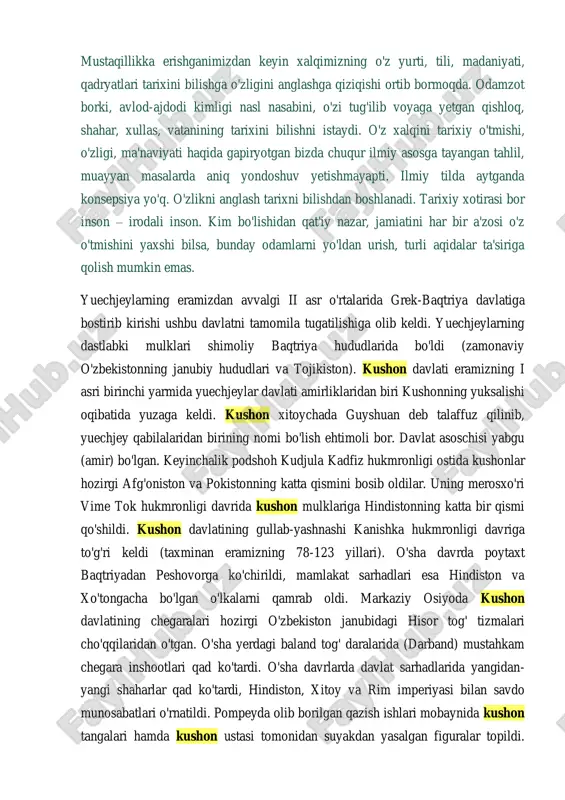 mulk huquqi ostida sosoniylar imperiyasi tarkibiga qo'shildi. ushbu imperiya sosoniy podshohlar xonadoni a'zolari tomonidan boshqarilib, ular kushonshoh tituligi egalik qilgan. kushon davlatining paydo bo'lishi uzoq vaqt olimlar orasida katta ilmiy munozaralarga sabab bo'lib kelgandi. bu afsonaviy tuyulgan podsholik tarixini o'rganish o'tgan asrdayoq boshlangan edi. miloddan avvalgi i asrga kelib katta yuyechji uyushmasidagi beshta xokimlikda tuyshuan (kushon) xokimligi ancha kuchayib va xudidi kengayib bordi. «so'nggi xon sulolasi tarixi» (xitoy) ma'lumotlariga ko'ra, «guyshuan xokimi kloqzyuko qolgan to'rtta xokimlikni birlashtirib o'zini buyshuon xokimi» deb e'lon qildi. kushon davlati podsholari ichida eng mashhuri kanishna hisoblanadi. uning xokimlik davrida kushonlar saltanati yanada gullab-yashnadi. kanishna davrida panjob, kashmir viloyatlari mamlakatga qo'shib olinadi. mamalakatning poytaxti esa peshovar (afg'oniston) atrofida edi. mamalakatning hududi shimimoliy xindiston, afg'oniston, markaziy osiyodagi ko'pgina viloyatlar, sharqiy turkistondan iborat edi. syuan szyanning yozishiicha, «kanishna podsholik qilgan davrda uning shon-shuhrati qo'shni mamlakatlarga yoyildi». mamlakatning xarbiy qudrati ko'pchilik tomondan tan olindi. xitoyning g'arb tomonidagilar ham kanishnaning …