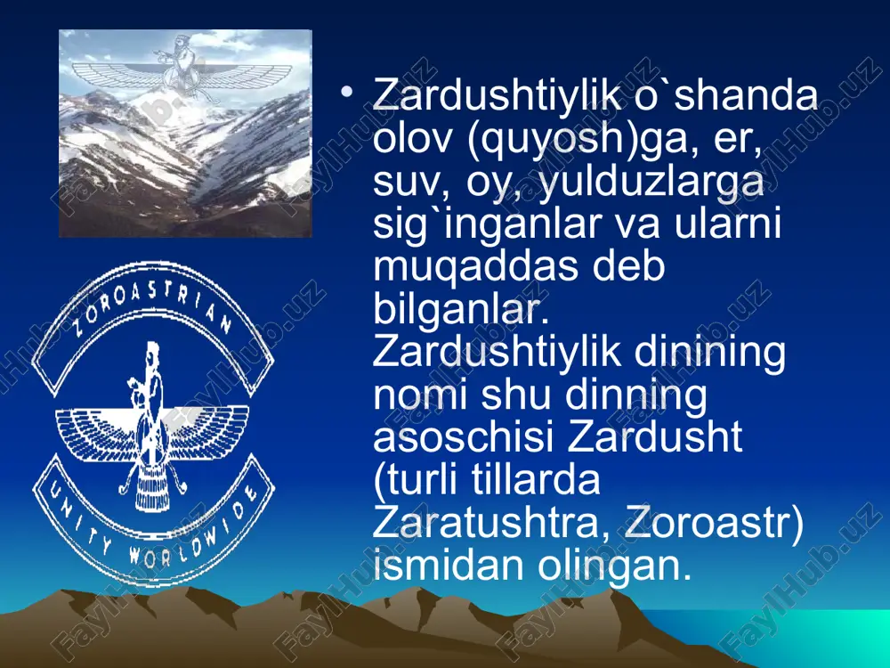 ining uch gahanbori bo’lib, uning manosi ‘g’alla yig’ish’ demakdir. yaralishning bu jarayoni yilning 176-kunidan 180-kunigacha 5-kun davom etgan. patyaxshimda axura mazda yerni yaratgan. patyaxshim * moddiy olam yaralishining to’rtinchi gahanbori ‘ayosrim’ deb nomlanib, uning manosi ‘uyga qaytish’ demakdir. yaralishning bu bosqichida chorva suvurlari yozgi o’tlovda uyga qaytganlar.’avesto’da bu gahanbor ‘ayosrima’ shaklida ham uchraydi. ‘ayosrima’da axura mazda o’simliklar dunyosini yaratgan. * olamning vujudga kelishida beshinchi gahanbor bo’lib, uning manosi ‘yilning o’rtasi ‘ demakdir midyorim yilning 290-kunidan 294-kunigacha 5 kun davomida yoz bergan. bu jarayonda axura mazda hayvonot dunyosini yaratgan va uni inson olamining bir bo’lagi, farovon turmushning zarur sharti qilib qo’yadi. midyorim * xamaspantmadam moddiy olam vujudga kelishning oxirgi va yuksak bosqichi bo’lib, uning ma’nosi ‘barcha mavjudotning’ demakdir. bu jarayon yilning 360-kunidan 365-kunigacha 5-kun davom etgan va unda axura mazda yer yuzasida kayumars va uning avlodi odamni yaratgan. ‘avesto’ – tarix va ma’naviy dunyomiz sarchashmasi. ‘avesto’da bayon qilinishicha moddiy olam olti …