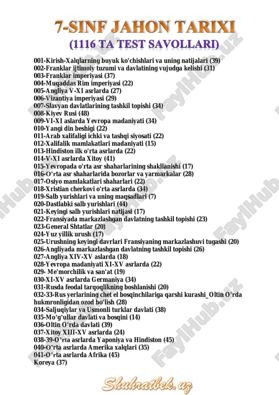 asida ko`plab yerlarning qo`riq va botqoqliklarga aylanishi b) iv asrdan boshlab xunnlarning hujumlari natijasida ko`plab varvar qabilalarining o`z makonlaridan siljishlari c) barcha javoblar to`g`ri d) germanlarda aholi sonining ko`payib borishi natijasida yangi yerlarga bo`lgan talabning oshishi va mulkiy tabaqalanishning kuchayishi 12. nechanchi asrdan boshlab yevropada iqlim soviy boshlagan? a) i asrdan b) iii asrdan c) iv asrdan d) ii asrdan 13. yevropada iqlimning sovishi nechanchi asrga kelib ekinzorlarni qo`riqqa, suv havzalari va ularga yaqin yerlarni botqoqlikka aylantiradi? a) ii asrda b) v asrda c) vi asrda d) iii asrda 14. rim imperiyasining shimoliy chegaralari bo`ylab joylashgan varvar qabilalari ii-iv asrlarda … yashar edilar? a) feodalizm sharoitida b) quldorlik tuzumi sharoitida c) urug`chilik jamoasi darajasida d) qirollik davlati tarkibida 15. qadimgi german qabilalari (franklar, vestgotlar, ostgotlar, vandallar, burgundlar, langobardlar) qayerda joylashganlar? a) reyn va elba daryolari havzasida b) dnepr va elba oralig`ida c) volga va ural daryolari havzasida d) reynning quyi …