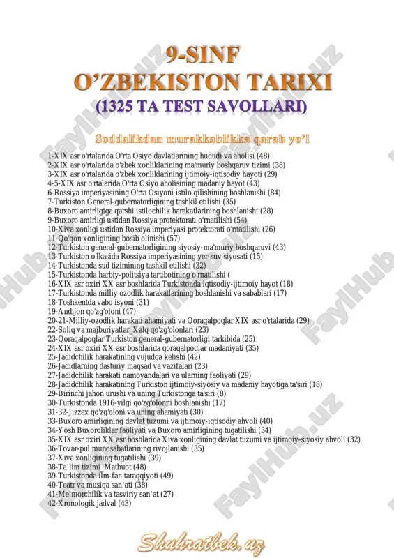 ududi sharqda qayerdan boshlangan? a) xiva xonligi b) amudaryoning chap qirg’ogi c) pomir tog’lari d) sirdaryo 7. xix asrda buxoro amirligi hududi g’arbda qayergacha borgan? a) pomir tog’lari b) amudaryoning chap qirg’ogi c) xiva xonligi d) sirdaryo 8. xix asr o’rtalarida buxoro amirligi bilan chegaradosh davlatlar xato berilgan javobni aniqlang? a) eron, afg’oniston b) sharqiy turkiston va xitoy c) qozoq juz yerlari d) qo’qon va xiva xonliklari 9. buxoro amirligining markaziy qismini aniqlang. a) sirdaryo vodiysi b) qarshi vohasi c) zarafshon vodiysi d) jizzax vohasi 10. buxoro amirligining markaziy qismi hisoblangan zarafshon vodiysida qanday shaharlar joylashgan? a) buxoro, samarqand b) kitob, g’uzor c) termiz, sherobod d) shaxrisabz, qarshi 11. buxoro amirligining yirik savdo-sotiq, hunarmandchilik va madaniy markazlari xato berilgan javobni toping. a) kitob, g’uzor b) chorjo’y, marv c) shaxrisabz, qarshi d) buxoro, samarqand 12. buxoro amirligining yirik savdo-sotiq, hunarmandchilik va madaniy markazlari xato berilgan javobni toping. a) oqmachit, turkiston b) …