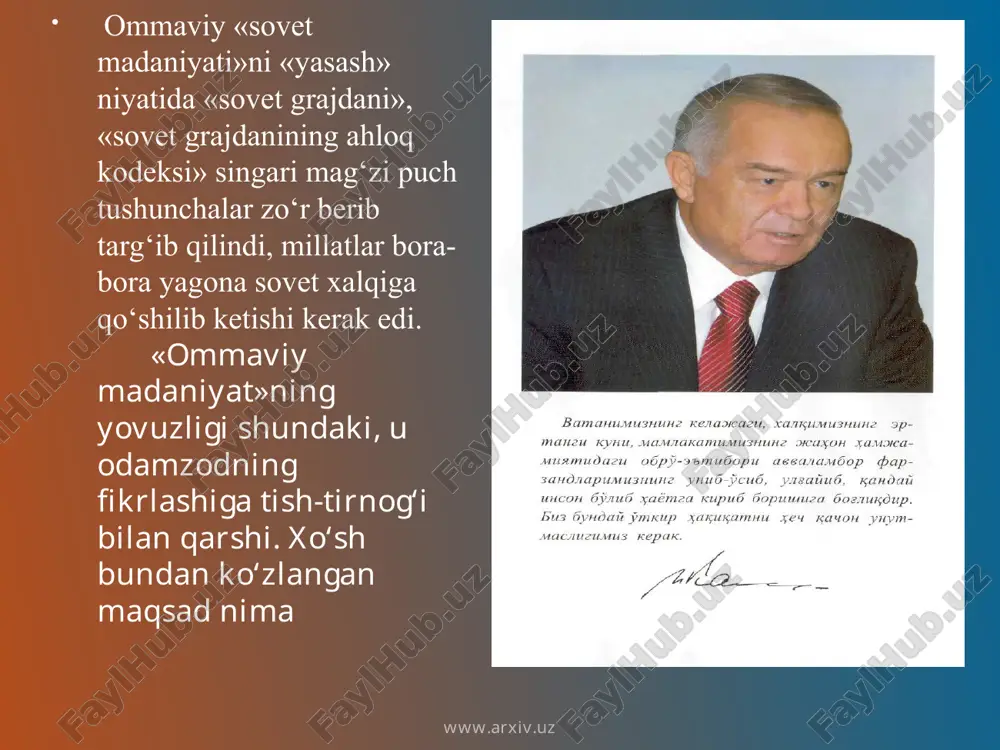 pop-adabiyot» natijalariga qarab hukm yuritadigan bo‘lsak, ular insoniyat yaratgan barcha qadriyatlarni isyonkorlik bilan inkor etadi: yuksak madaniyatni, ma'naviyatni, axloqni, yuksak orzu-maqsadlarni mensimaydi... ular uchun ezgulikning o‘zi yo‘q. jumladan, san'at - alohida iste'dodlar tomonidan yaratiladigan ma'naviy boylik, mo‘'jiza ekanligi kabi ijodning oliy mezonlari «pop-madaniyat» tarafdorlarining o‘ta darajada g‘ashini keltiradi. ularcha, hamma san'atkor bo‘lishi mumkin. hamma narsa san'at atalishi mumkin. «pop-art» - ommaviy san'at shu xulosa manbaida vujudga kelgan. www.arxiv.uz www.arxiv.uz umuman aytganda, «pop-muzika» ijrochiligi ko‘ngil ochar musiqa niqobi ostida ommaviy vasvasali, shaytoniy talvasali, badaxloq raqs lar, ko‘pincha oxiri janjal, ur-yiqit, vahshiyliklarga borib yetadigan agressiv diskoteka shoularini uyushtirish bilan ajralib turadi. 1970 yilda kaliforniyaning altamonte shahrida bo‘lgan musiqa festivalida o‘zini «pop-muzika» qiroli hisoblaydigan www.arxiv.uz www.arxiv.uz «rolling stounz» («aylanayotgan tosh») guruhi kontserti ana shunday ur-yiqitlar bilan tugab, politsiya bu mojaro oqibatlari bilan uzoq muddat shug‘ullanishiga to‘g‘ri kelgan edi. «pop-muzika» namoyandalari o‘z «ommaviy»liklarini ta'kidlash uchun sahnadagi xatti-harakatlari va kiyim-liboslari namoyishida ham - odob-axloq, jamiyatga …